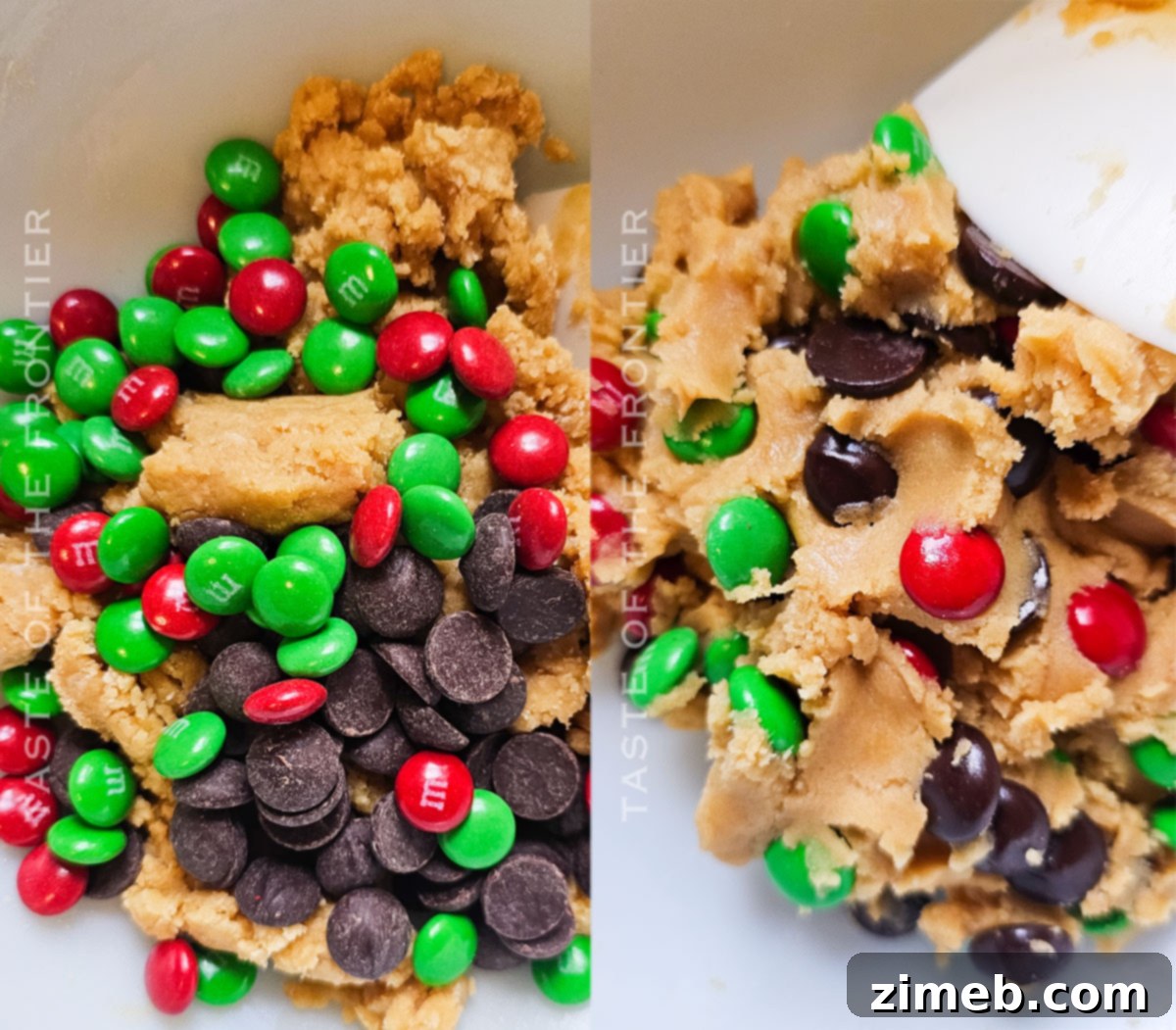 Step-by-step image of adding M&Ms to cookie dough