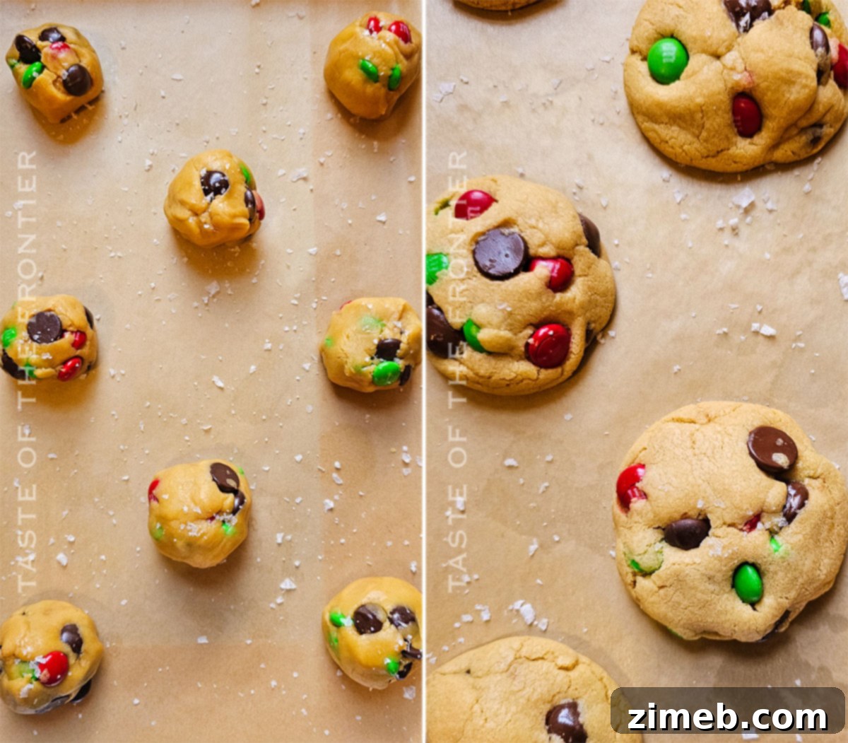 Before and after baking: Christmas Chocolate Chip Cookie dough balls and baked cookies