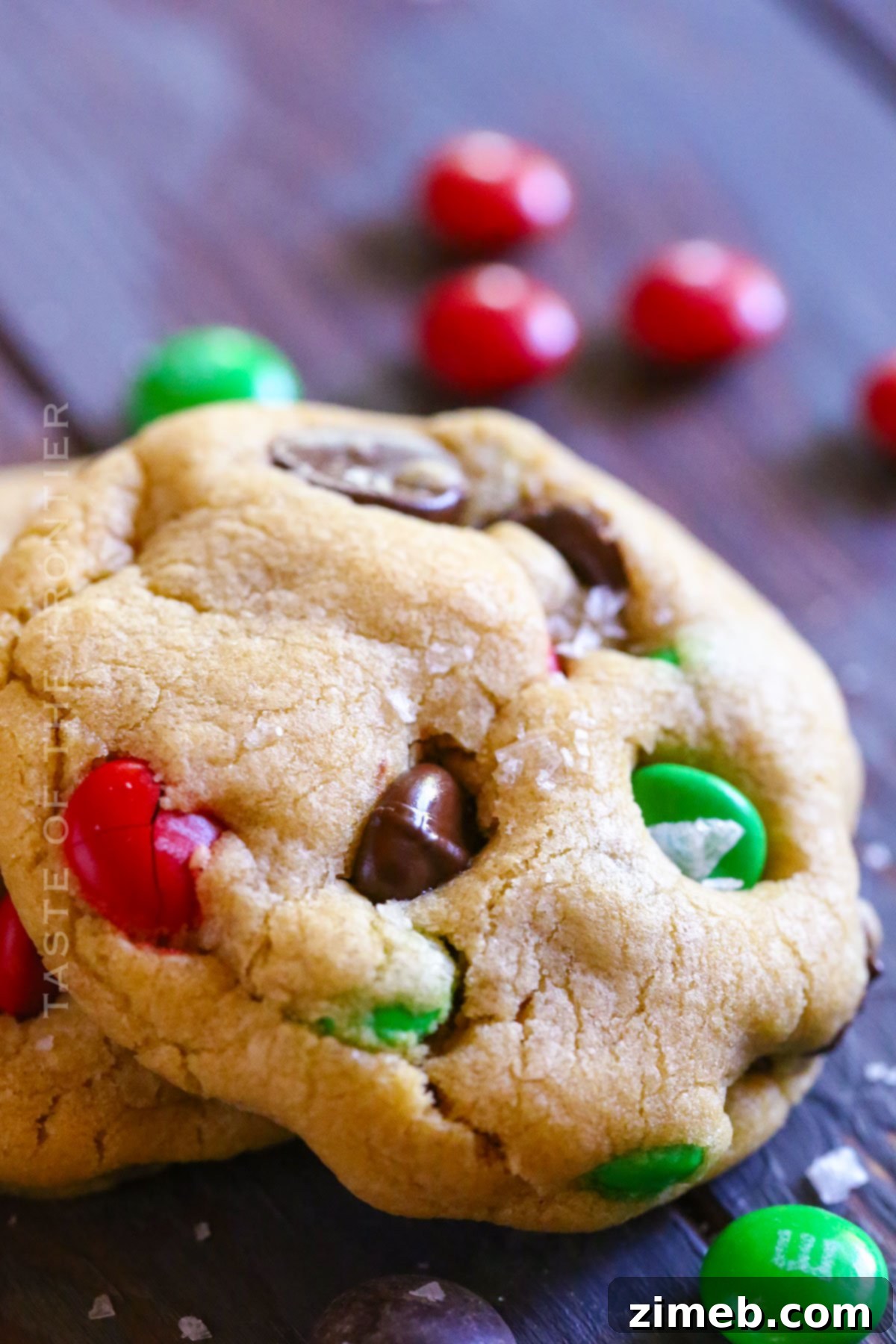 A small batch of no-chill Christmas Chocolate Chip Cookies on a festive plate