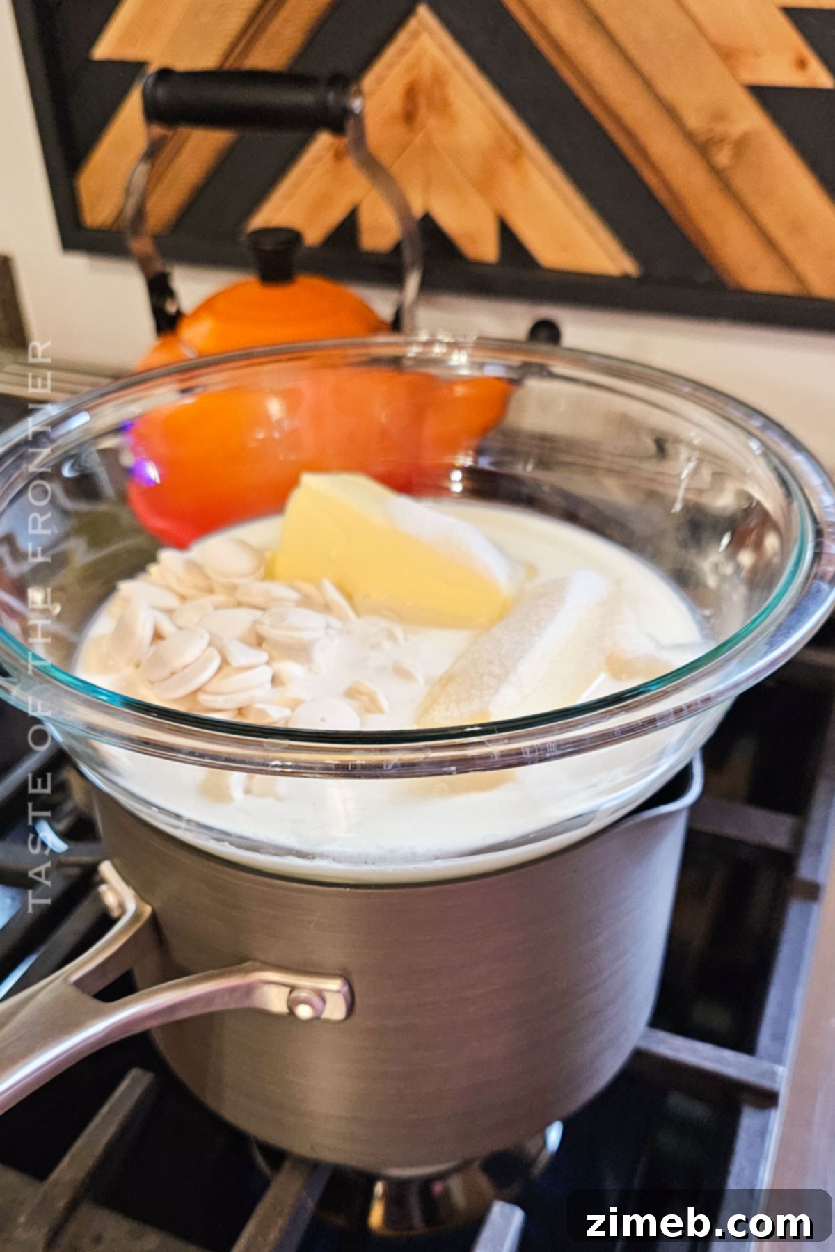 Step-by-step image showing how to combine wet and dry ingredients for White Chocolate Cake.