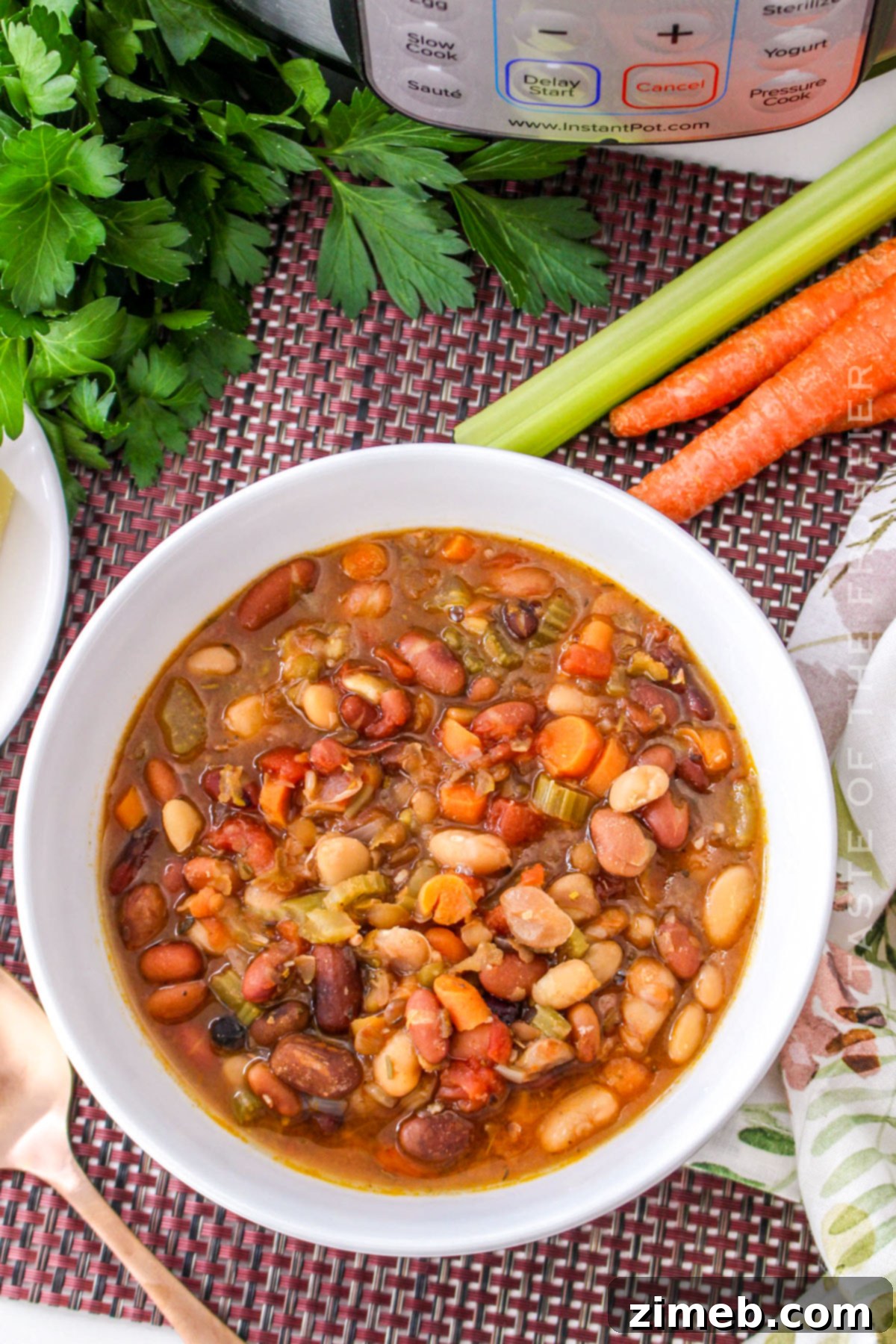 Savory and Quick Dinner: Instant Pot Bean Soup with Fresh Ingredients.