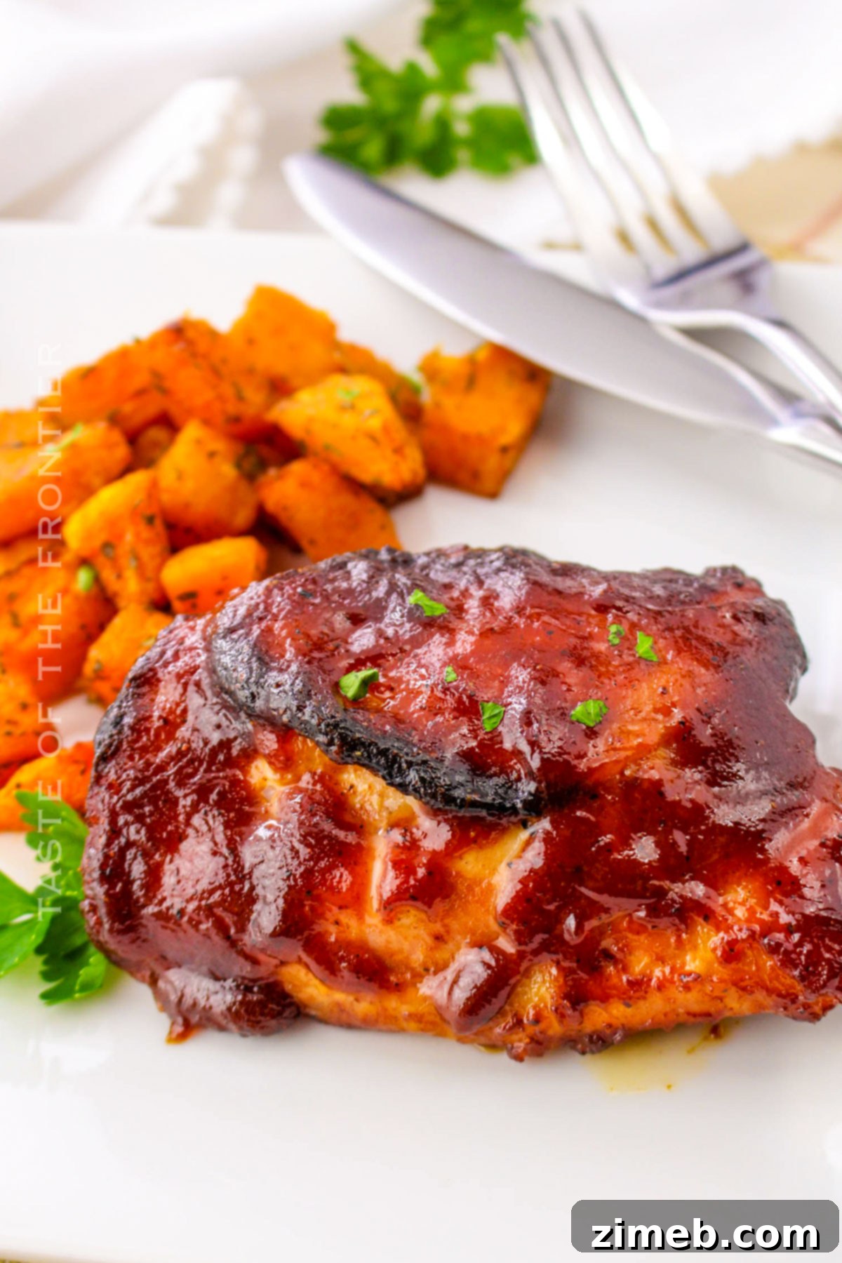 Oven Baked BBQ Chicken Thighs 15 Easy baked BBQ chicken thighs, fresh and perfectly glazed, served as a main dish.