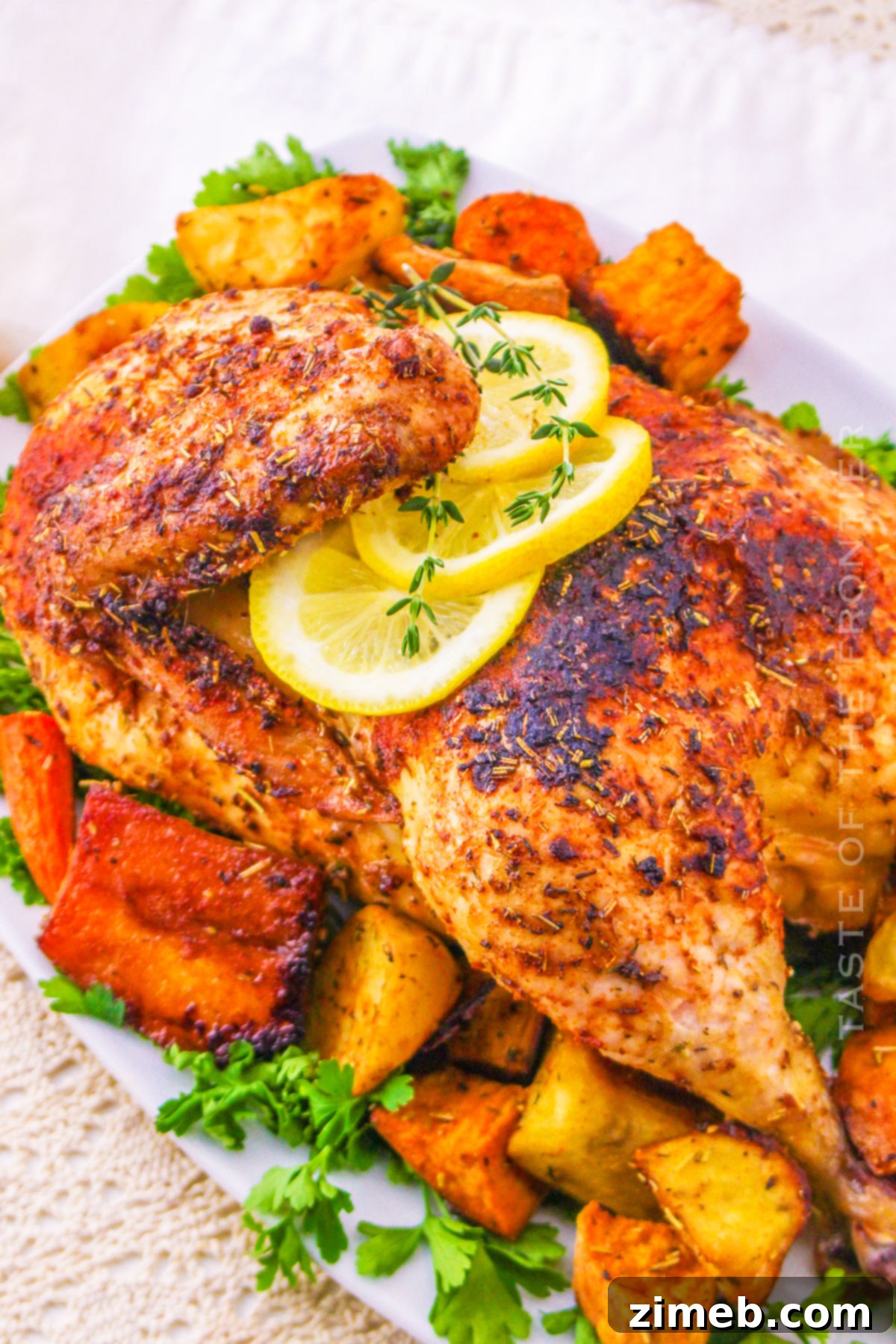 Golden Roasted Half Chicken 3 Close-up of a beautifully roasted chicken dinner