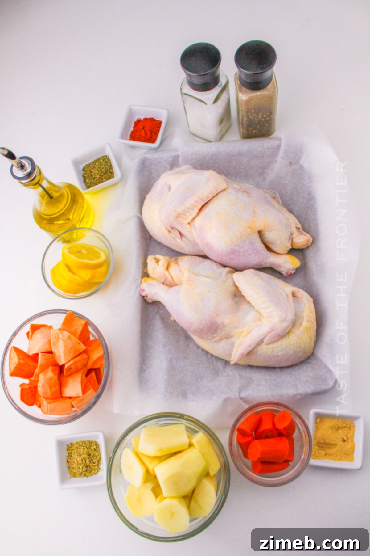 Golden Roasted Half Chicken 4 Ingredients for Roasted Half Chicken laid out on a table