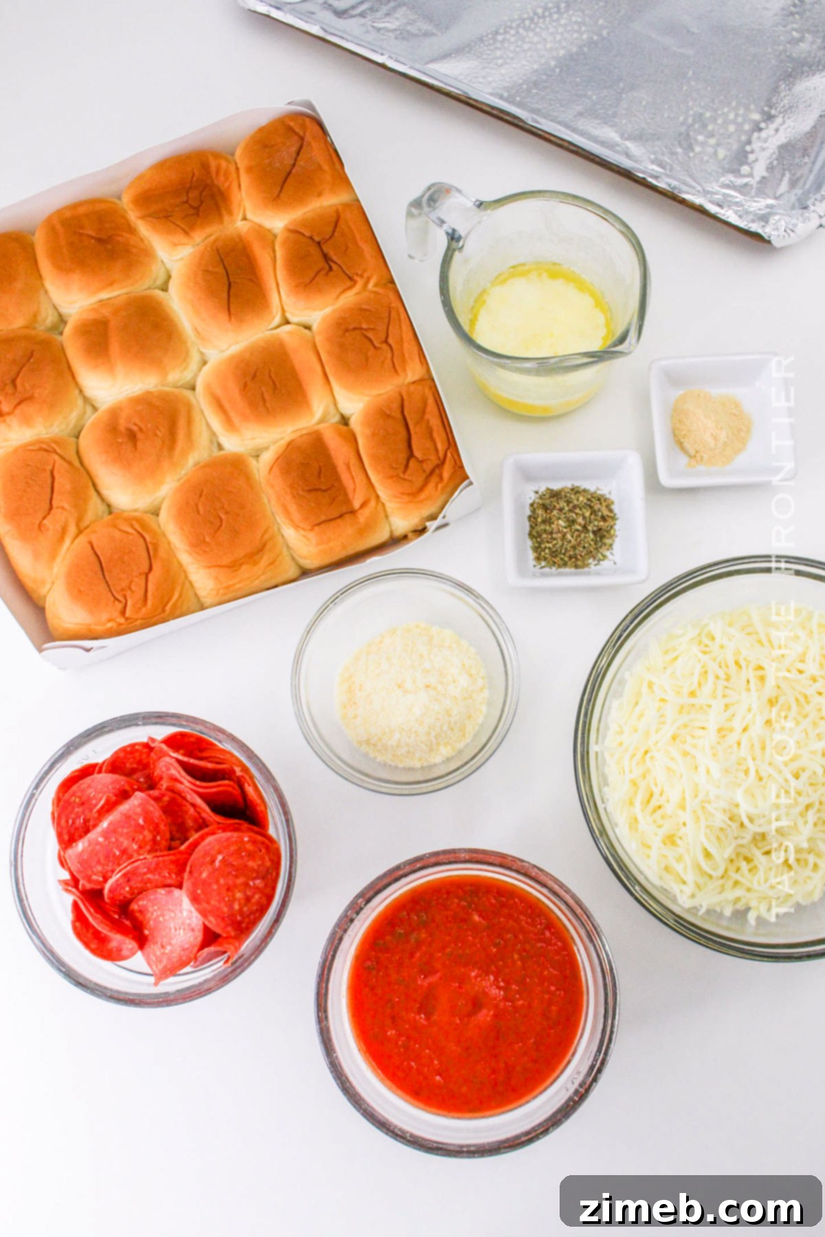 Pizza Bites 4 Pizza Slider ingredients - rolls, sauce, cheese, pepperoni, butter, garlic powder, Italian seasoning