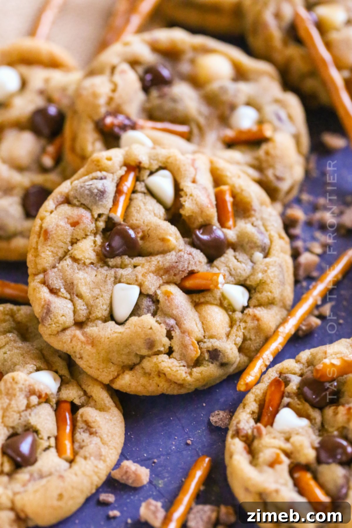 The Everything Cookie 2 Close-up of golden brown Kitchen Sink Cookies with visible chocolate chips, nuts, and pretzels.