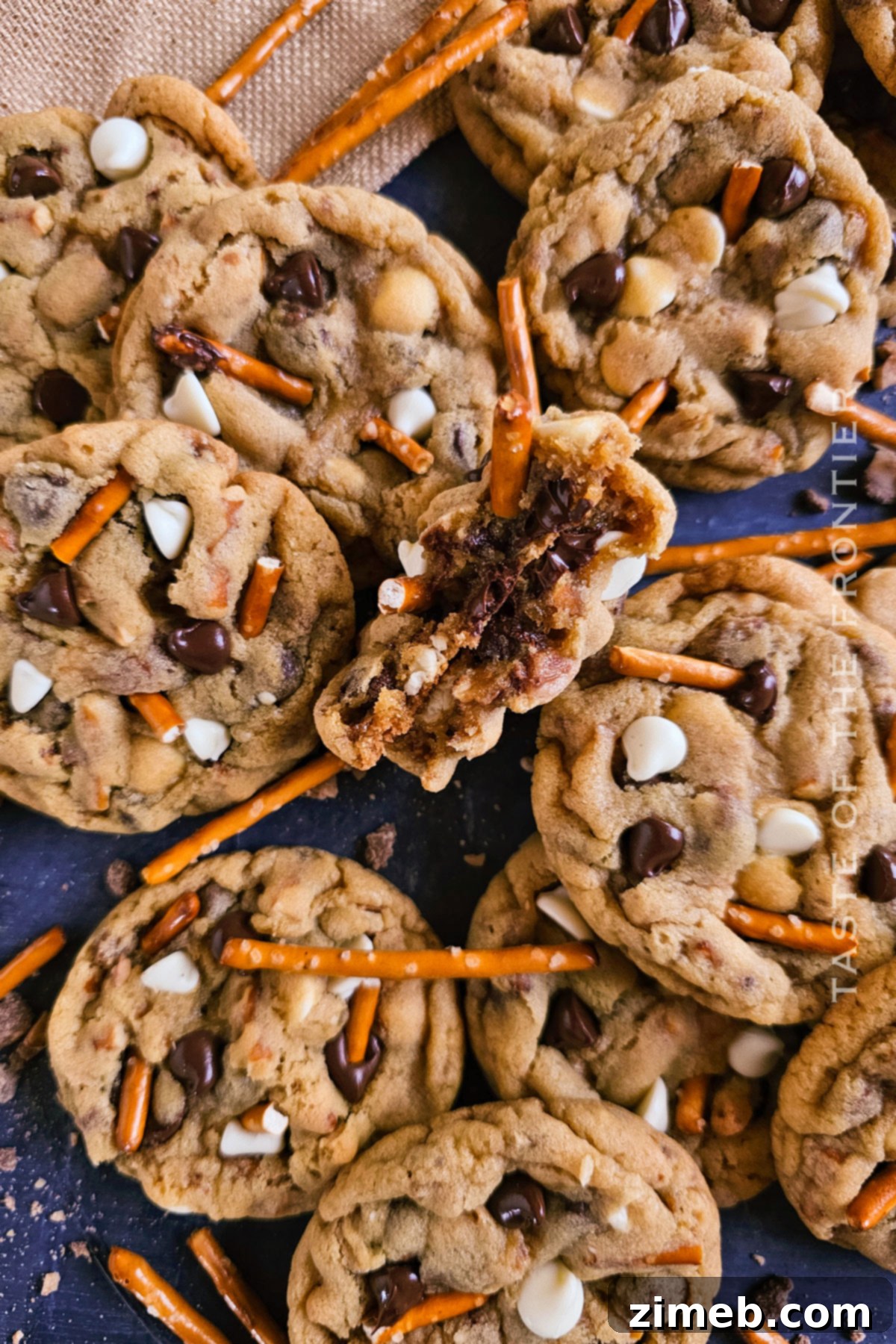The Everything Cookie 3 Two Kitchen Sink Cookies with visible toffee pieces on a white surface.