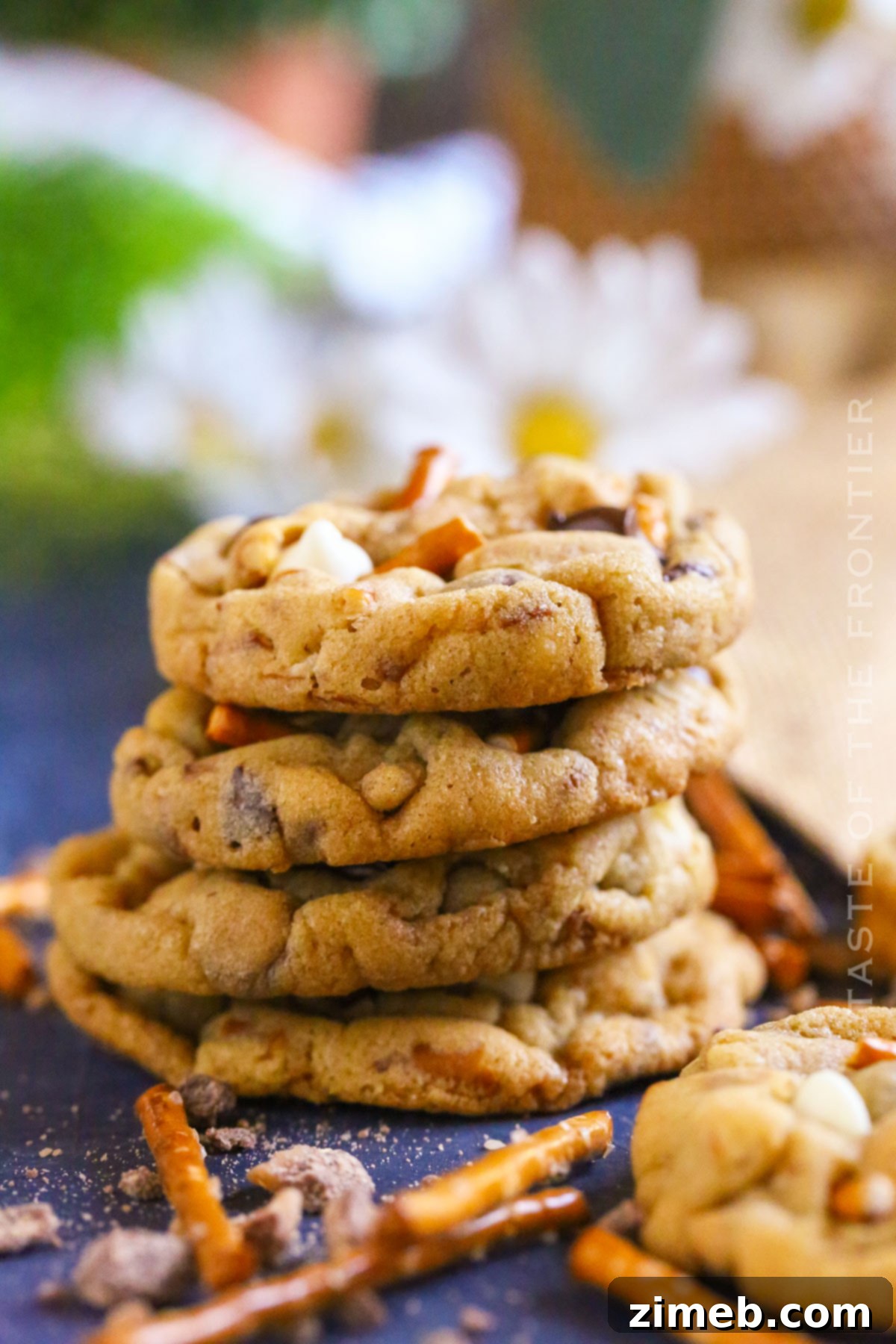 The Everything Cookie 7 A stack of golden brown Kitchen Sink Cookies on a plate.