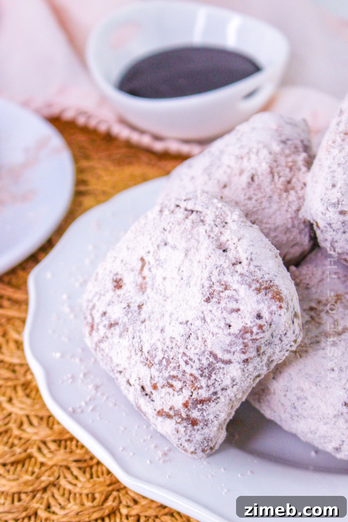 Close-up of a stack of freshly made chocolate beignets, dusted with cocoa and powdered sugar