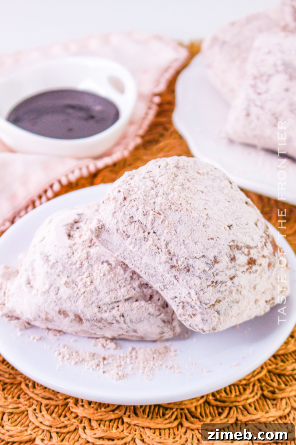 A stack of chocolate beignets on a plate, with one broken open to show the fluffy interior