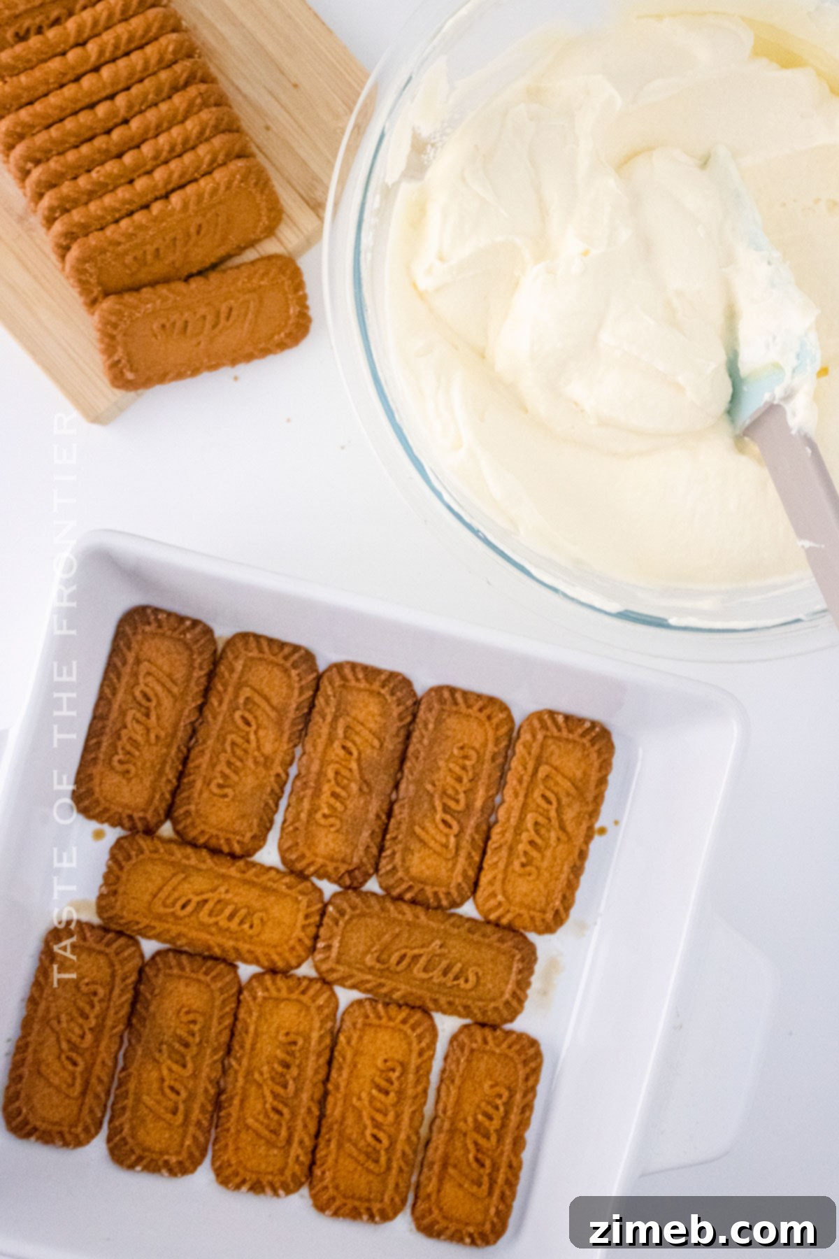 Spiced Biscoff Tiramisu 5 Step-by-step assembly of Biscoff Tiramisu layers in a glass dish