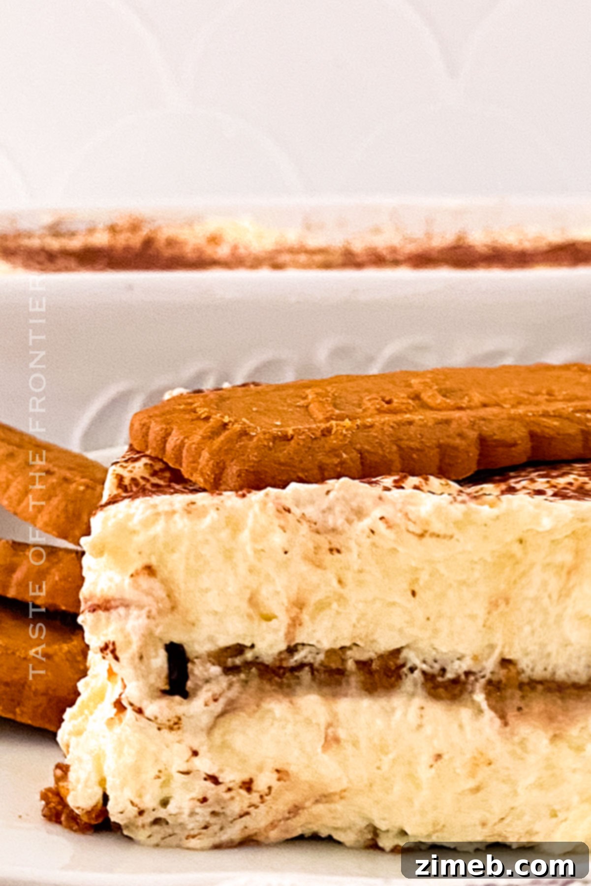 Spiced Biscoff Tiramisu 8 Finished no-bake Biscoff Tiramisu dessert in a serving dish