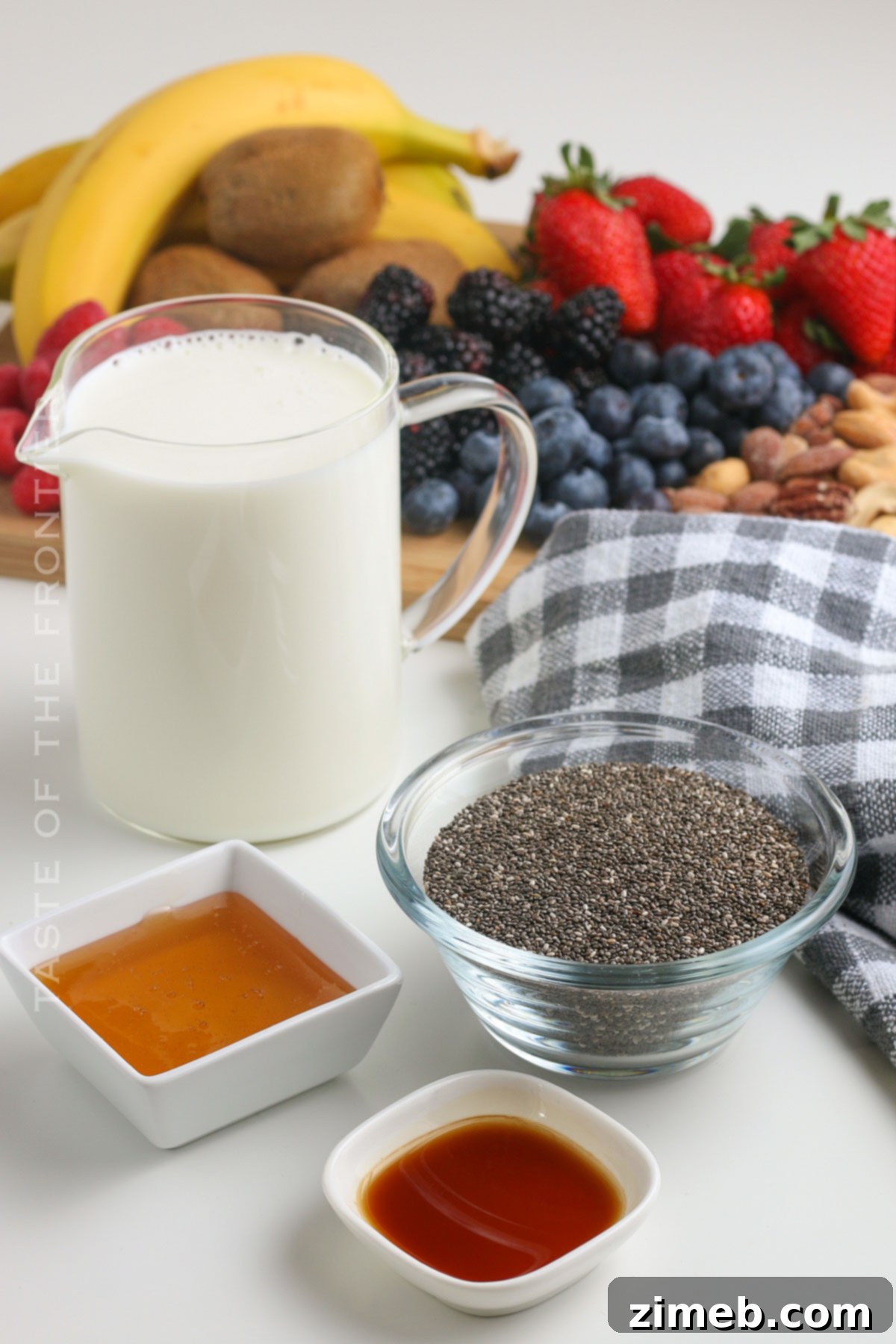 Chia Seeds Pudding ingredients with various toppings
