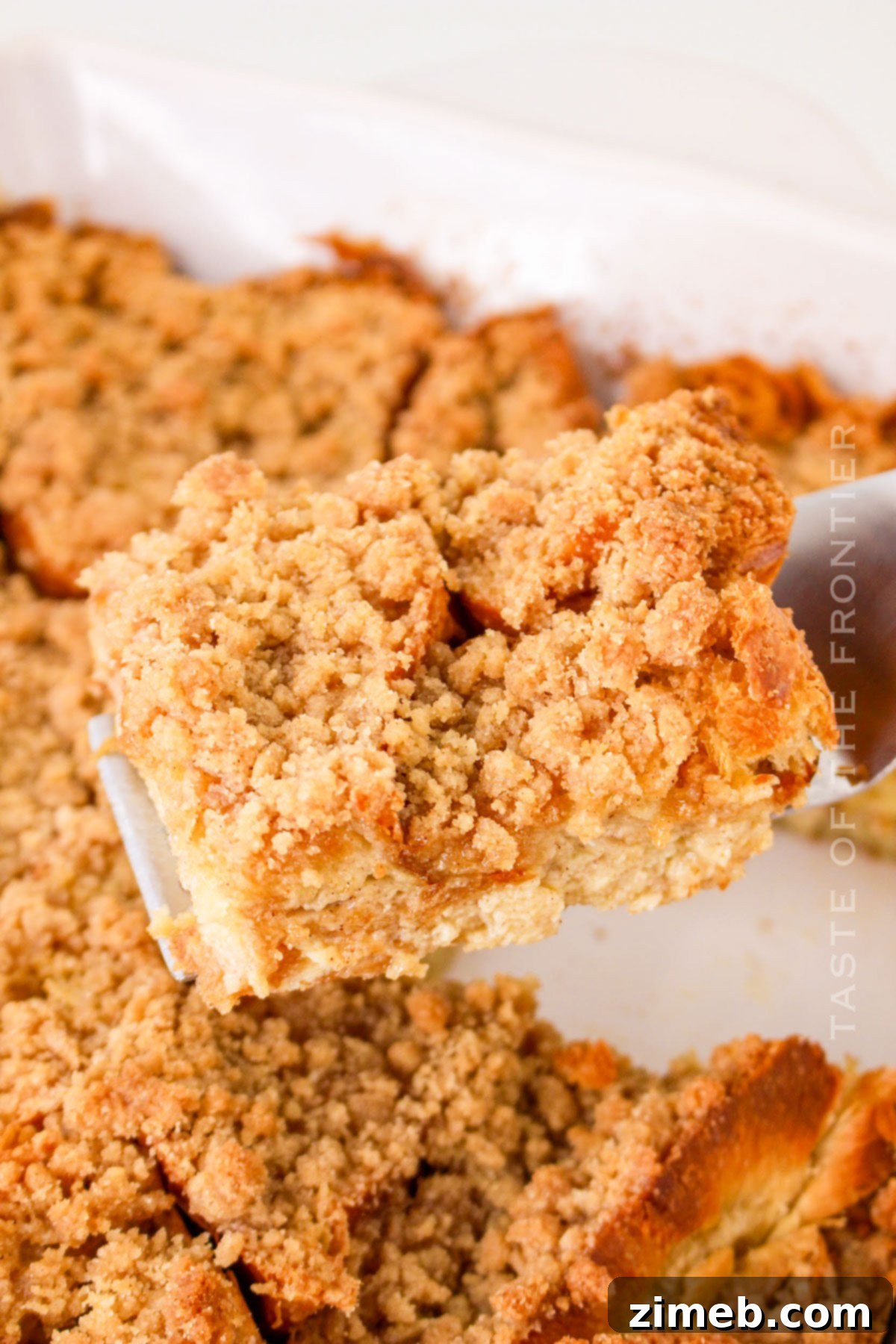 Close-up of a croissant casserole, golden brown and delicious.