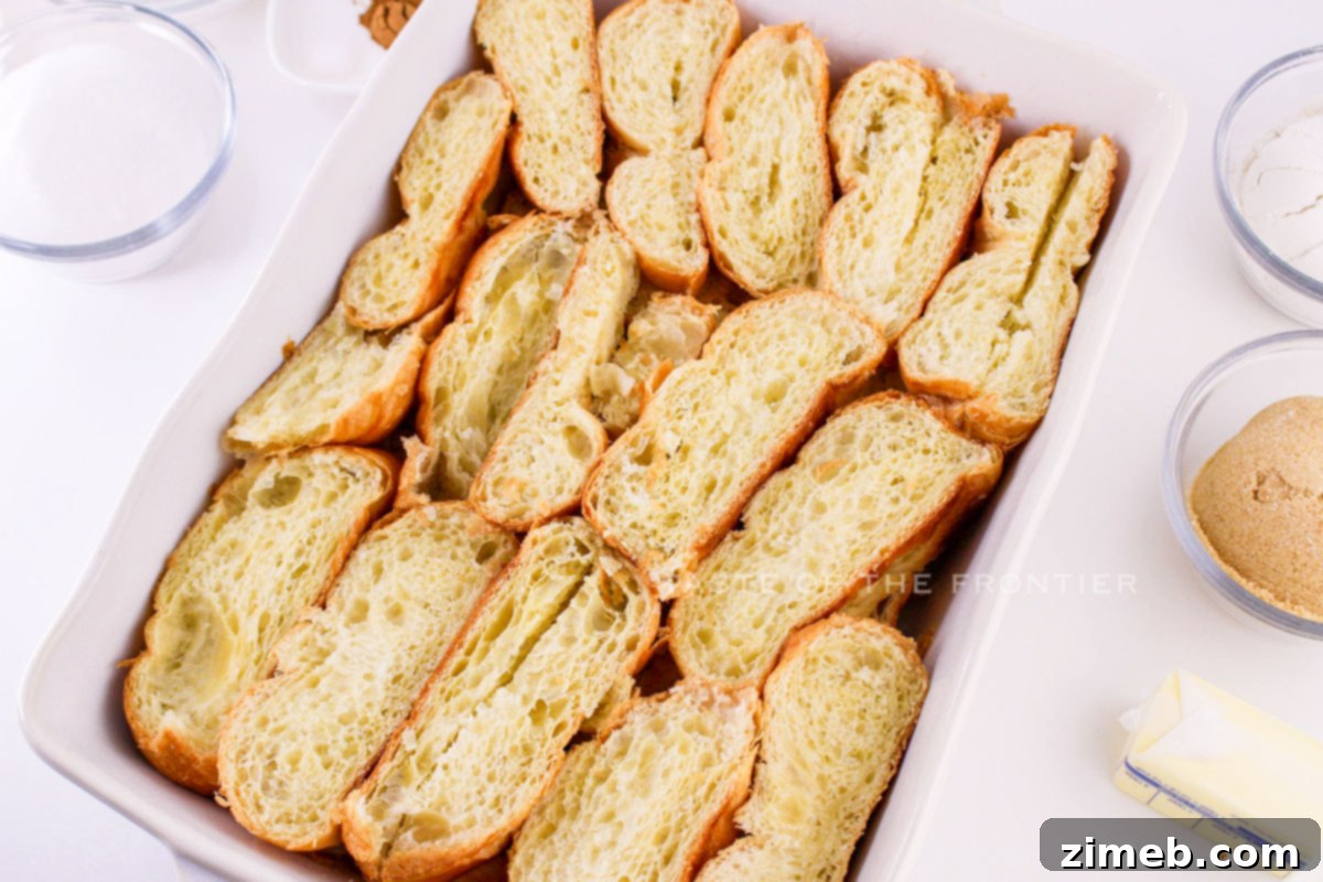 Step-by-step process of assembling Croissant French Toast casserole in a baking dish.