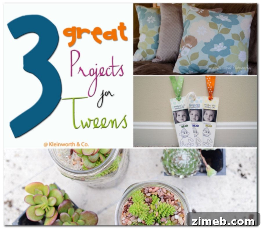 3 Great Projects for Tweens: DIY Throw Pillow Covers, Succulent Terrariums, Custom Bookmark Printables