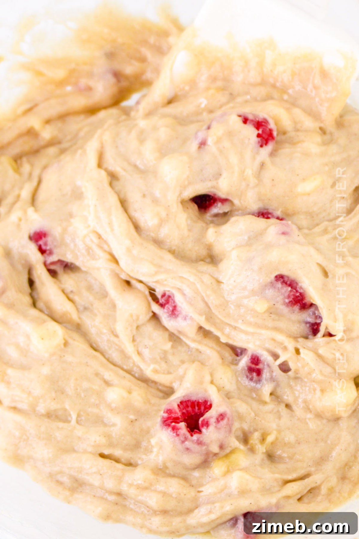 Banana Raspberry Muffin batter ready for baking