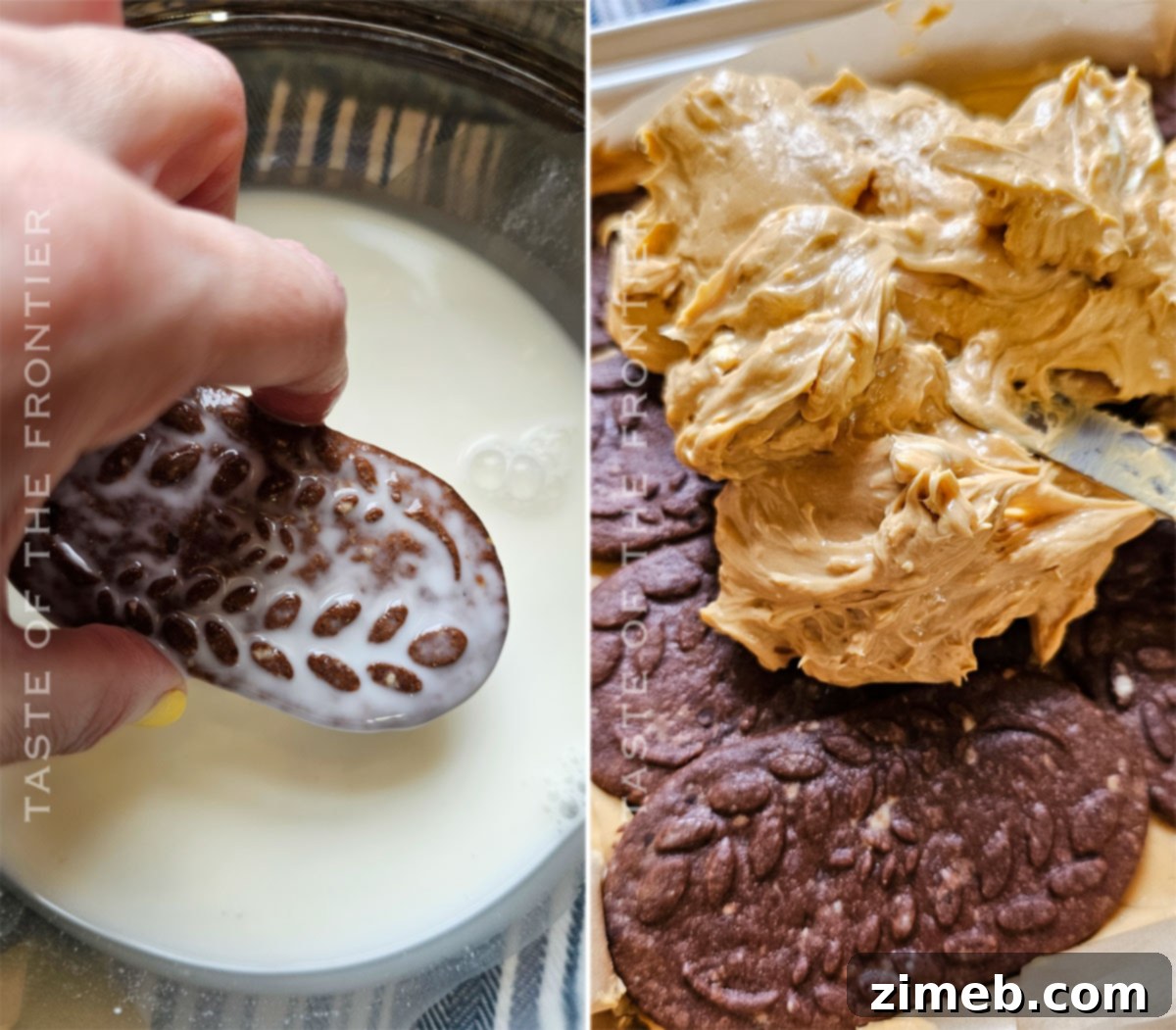 How to make Chocotorta layers, showing cookies and creamy filling.