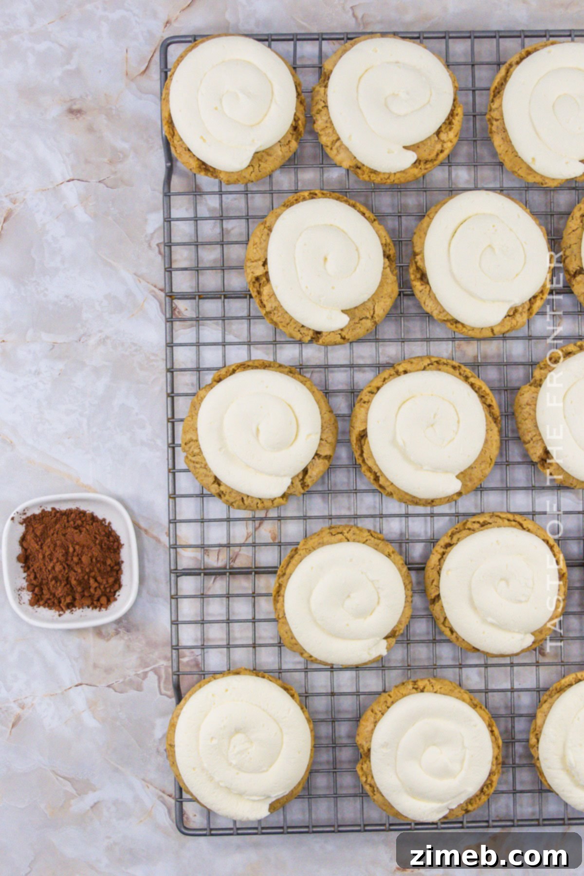 Frosted coffee cookies with mascarpone and cocoa.