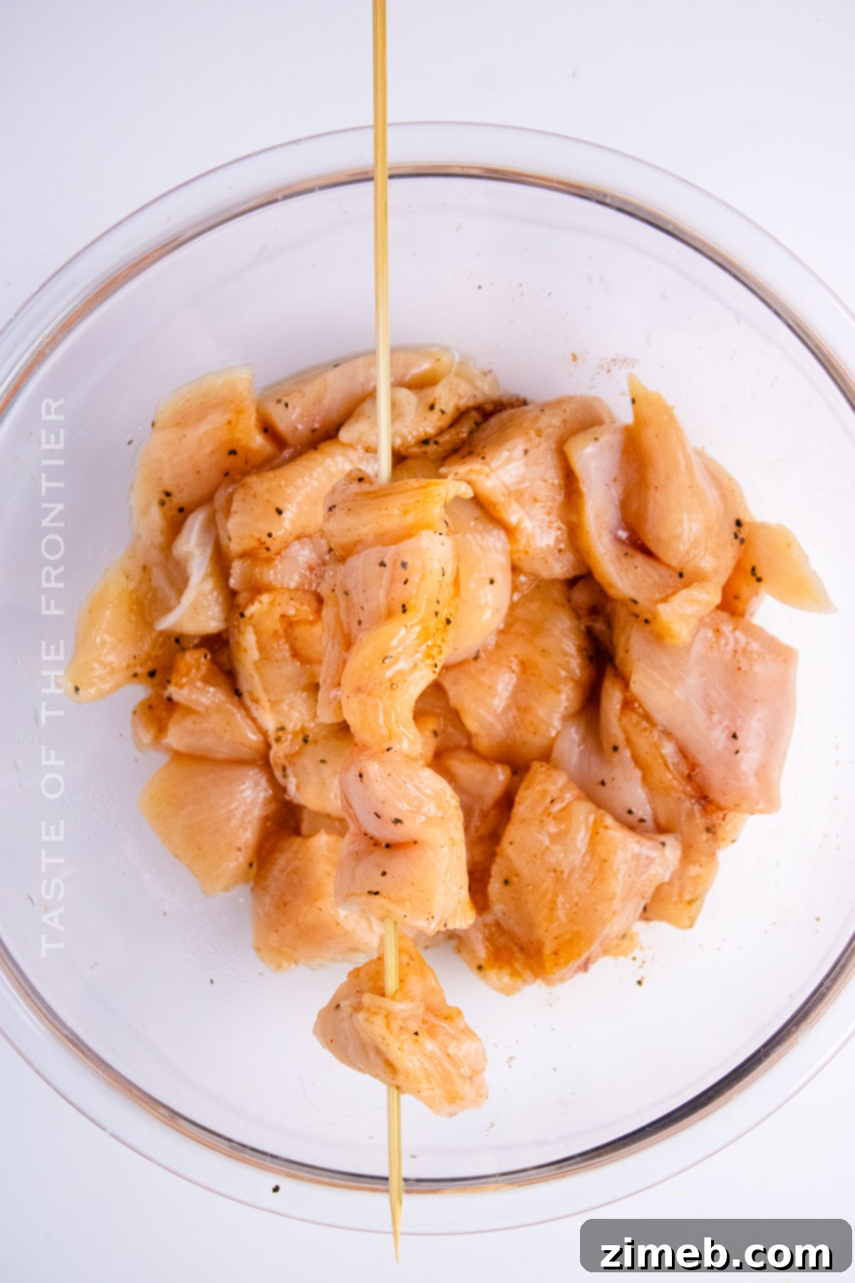 Chicken Skewers with Bang Bang Sauce 5 Step-by-step process of making Bang Bang Chicken Skewers, showing chicken on skewers being grilled.