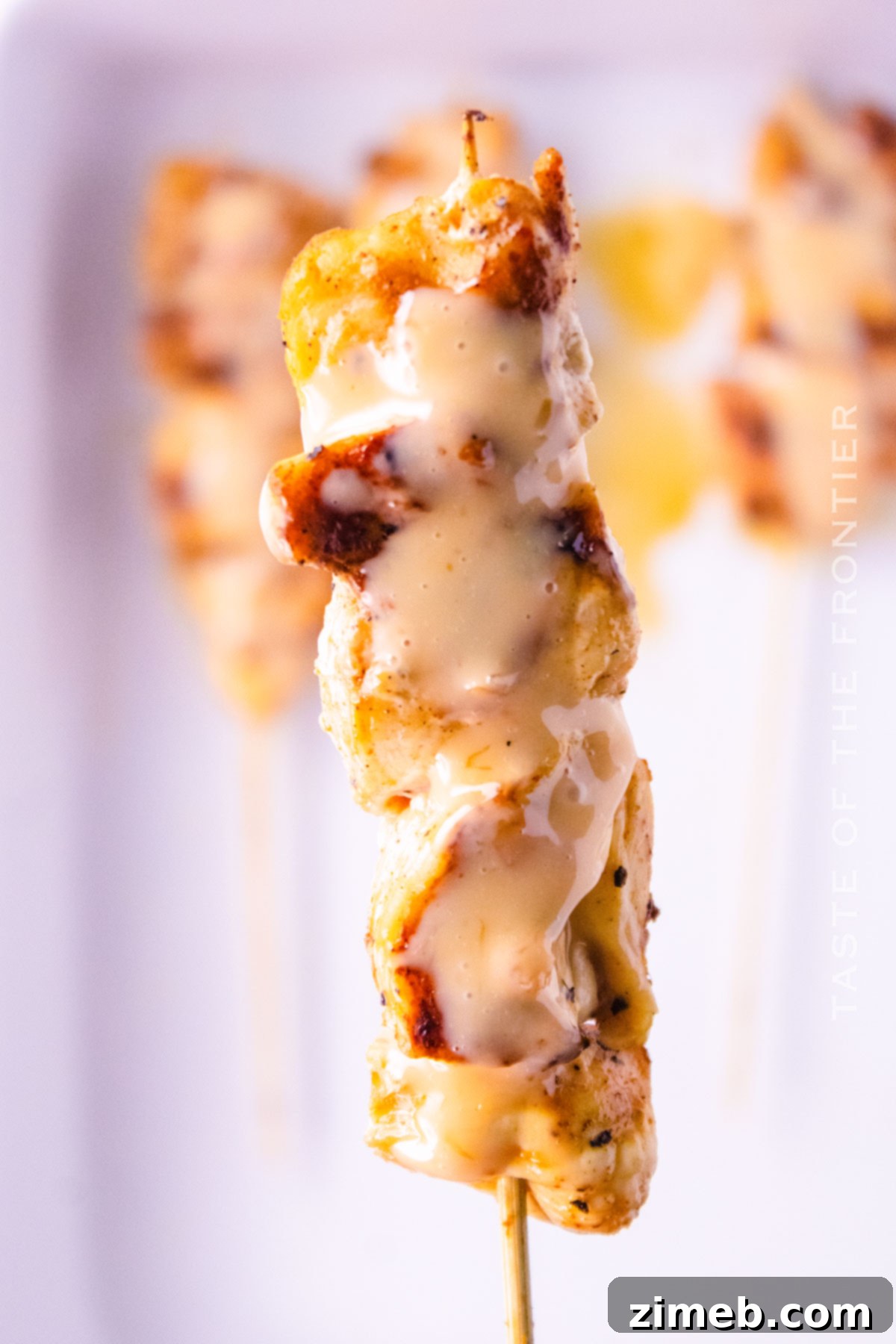 Chicken Skewers with Bang Bang Sauce 9 Easy chicken on a stick, perfectly grilled with a creamy sauce, ready to eat.