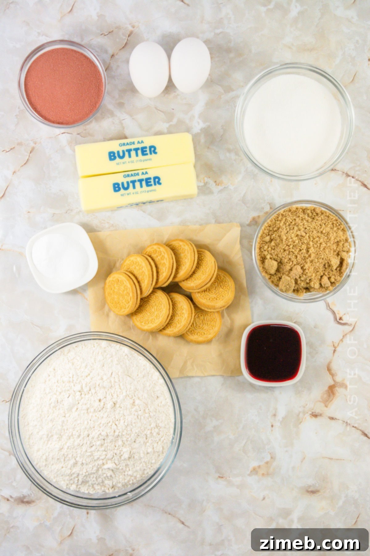 Ingredients for Strawberry Crunch Cookies laid out