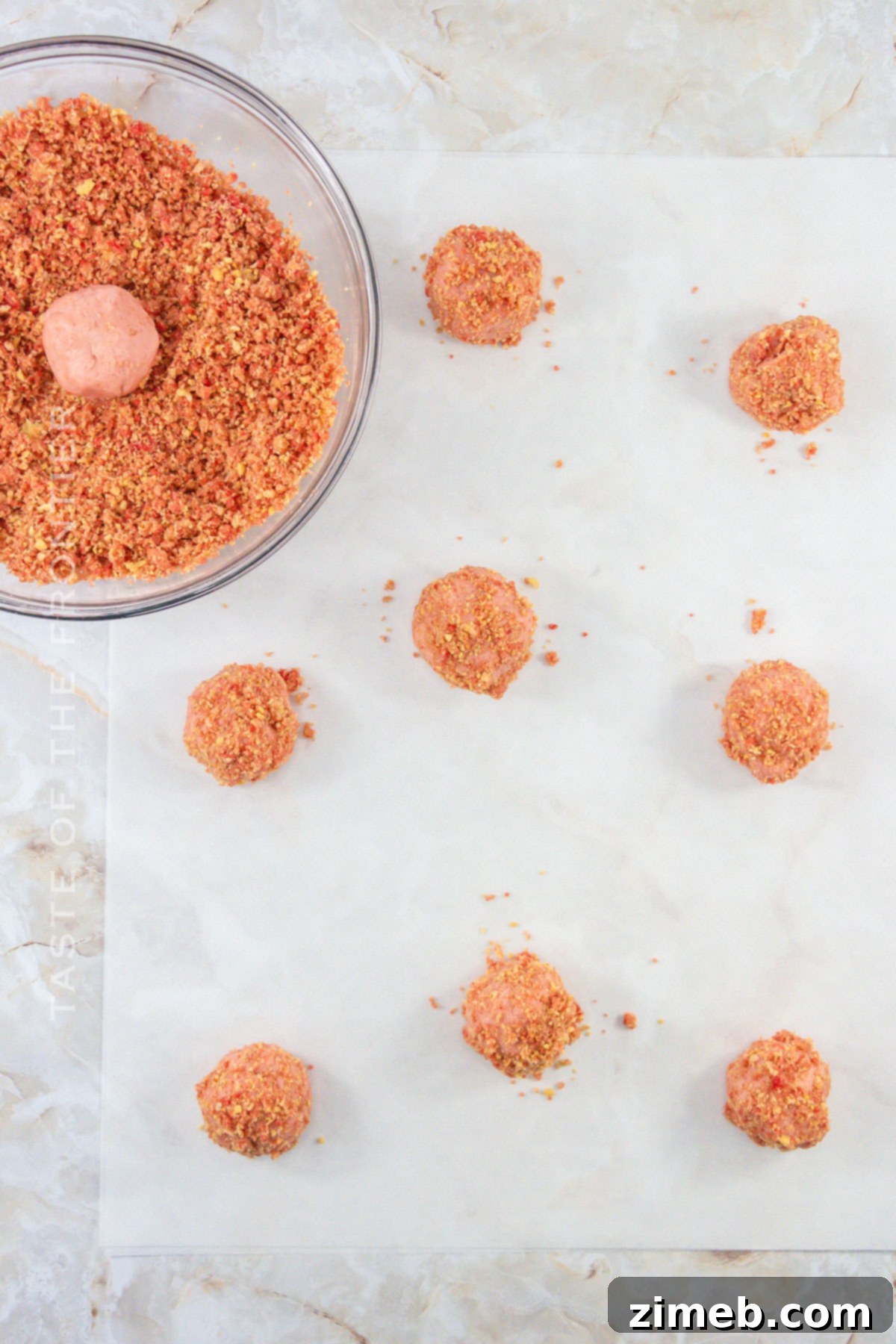 Ready-to-bake Strawberry Crunch Cookies on a baking sheet
