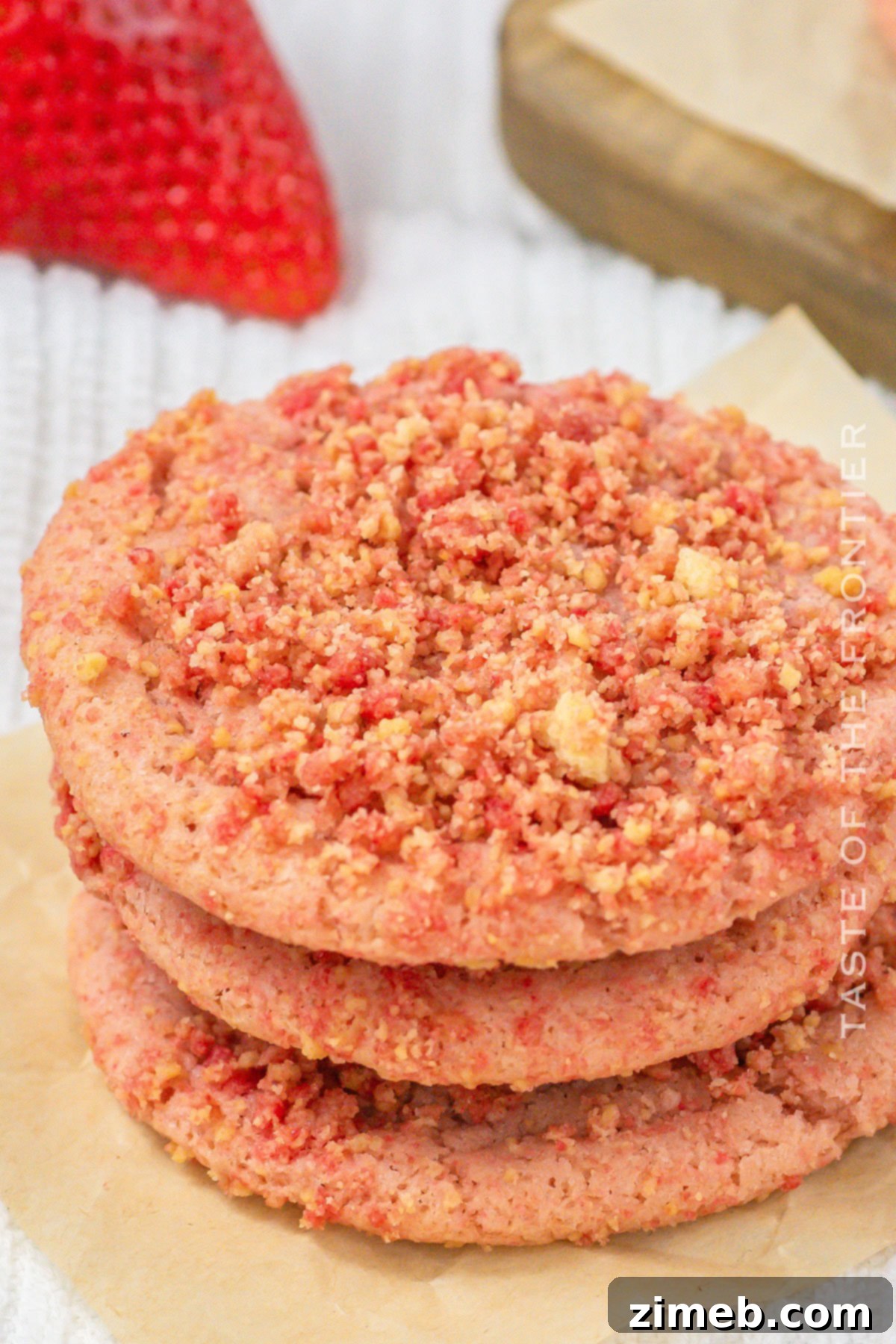 A stack of golden and pink Strawberry Crunch Cookies