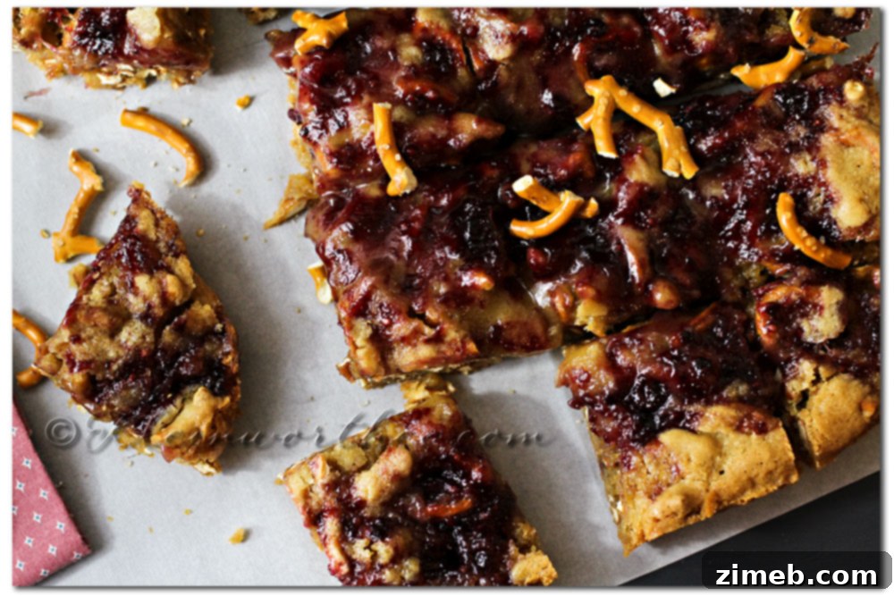 Blackberry Marmalade Pretzel Blondies - Overhead shot of baked blondies