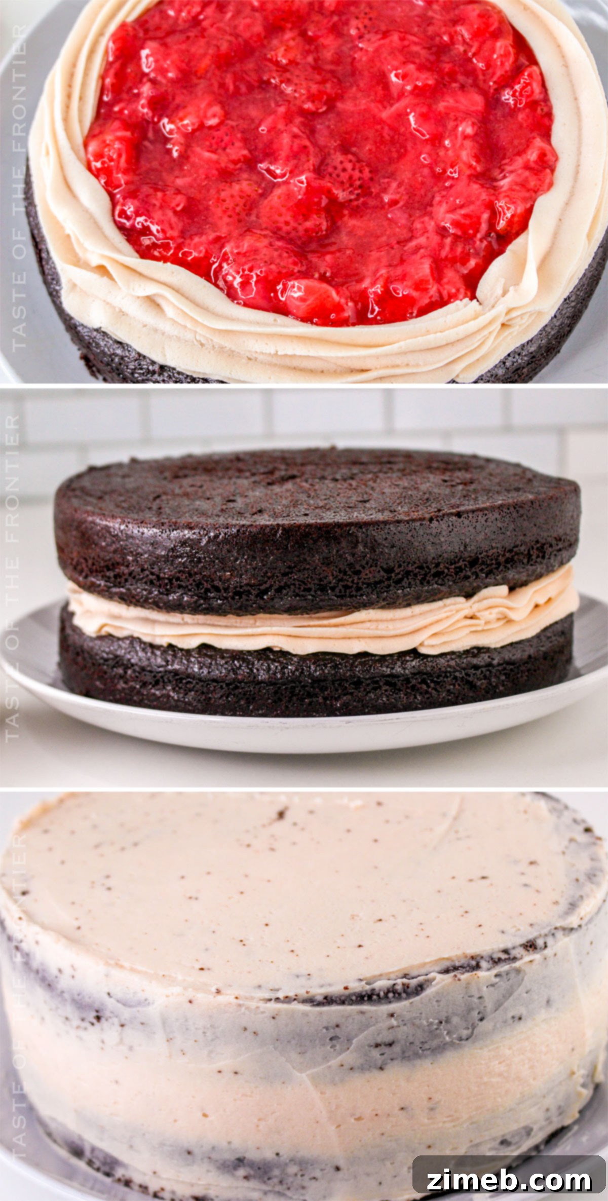 Assembling and frosting a chocolate covered strawberry cake