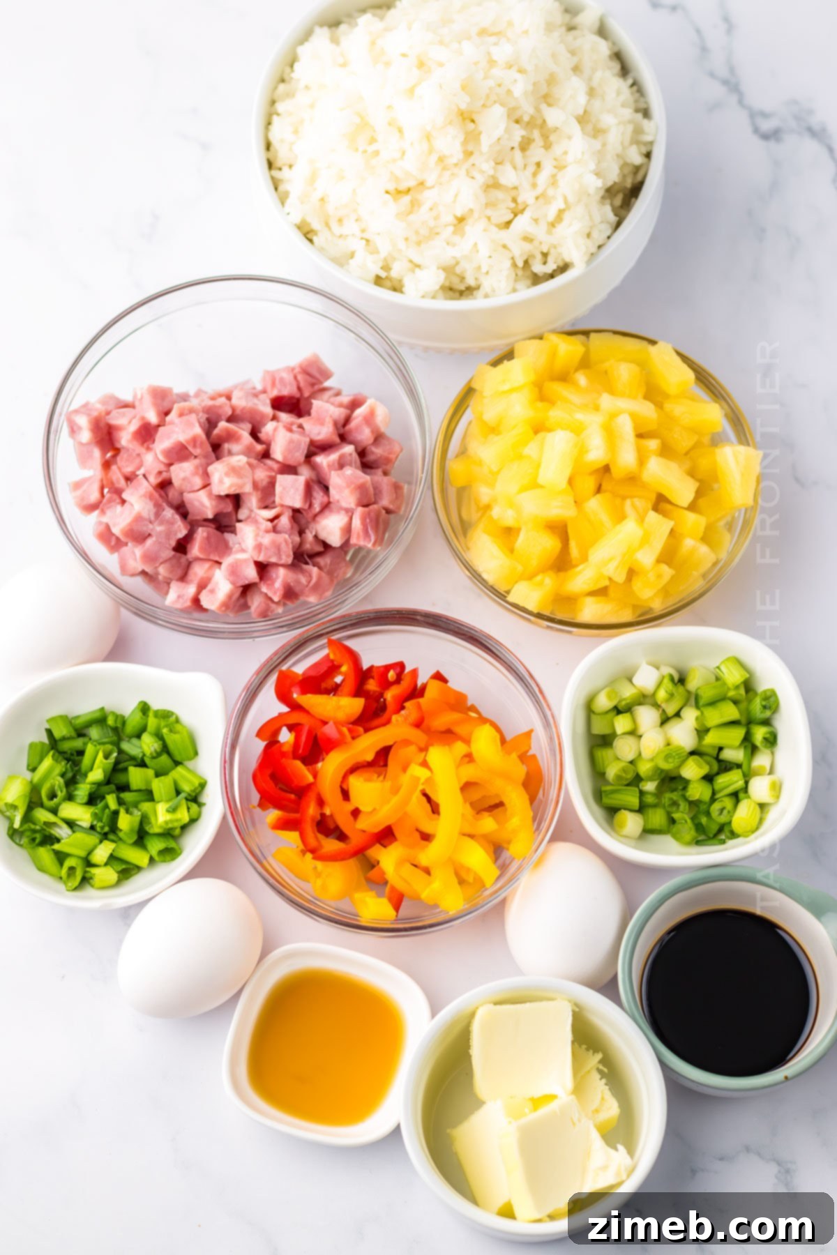Aloha Fried Rice Bowl 4 Ingredients for Hawaiian Fried Rice laid out