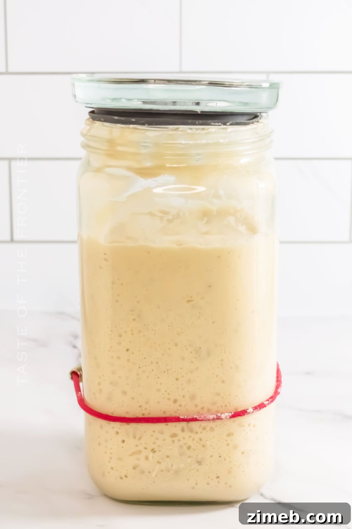 Bringing Your Sourdough to Life 2 Sourdough Starter in a glass jar, demonstrating its active state with bubbles and a rustic background.
