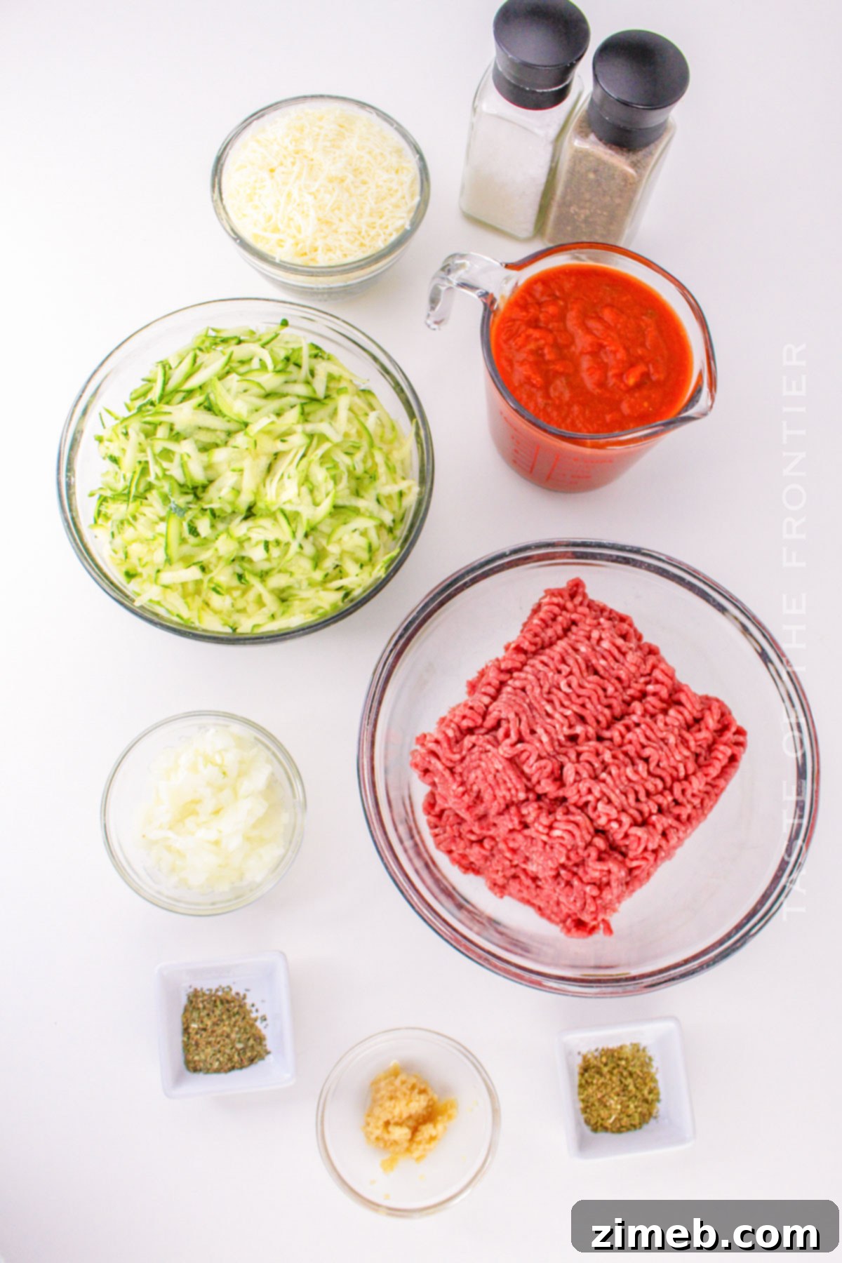 Hearty Zucchini Beef Bake 4 Zucchini Ground Beef Casserole ingredients ready to cook