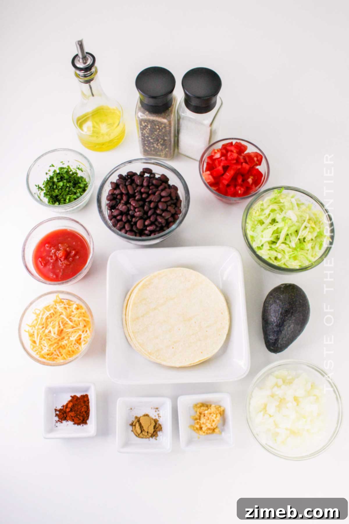 Ultimate Black Bean Tostadas 4 Fresh ingredients for Black Bean Tostadas laid out