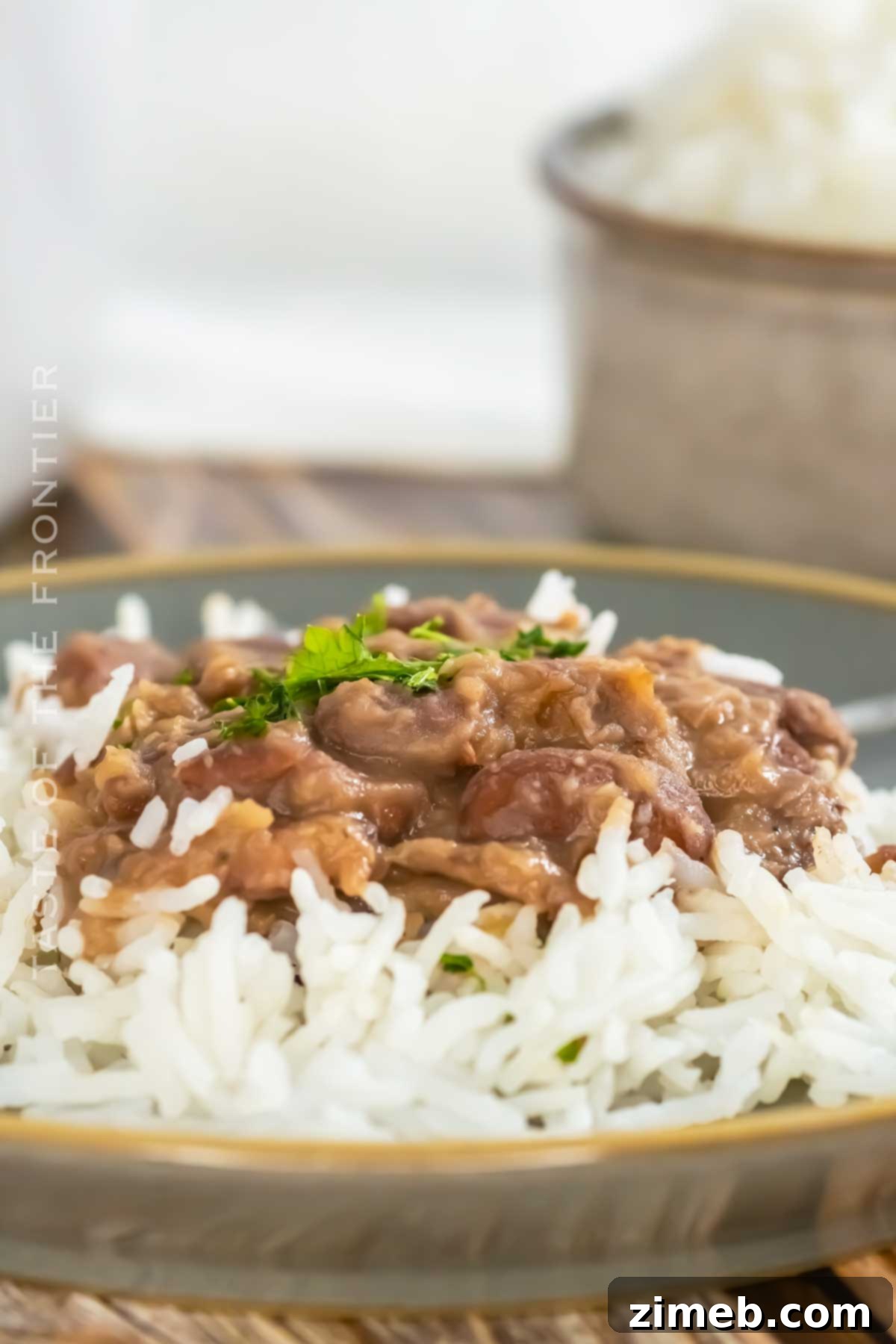 A serving of slow-cooked Red Beans & Rice topped with fresh parsley, highlighting the vibrant colors and creamy texture of the dish.