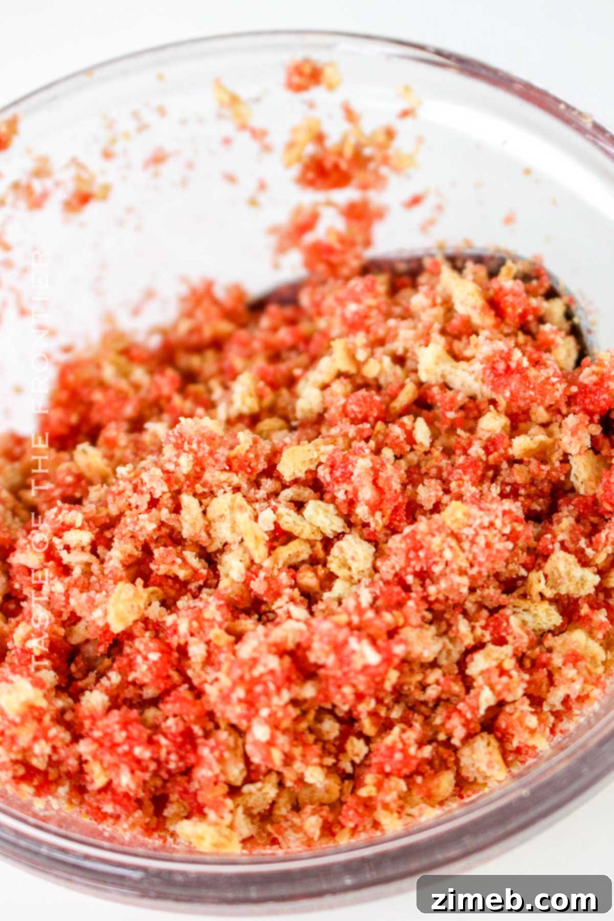 Crimson Indulgence 14 A generous serving of No-Bake Strawberry Delight with strawberry crumble on top, ready to be enjoyed.