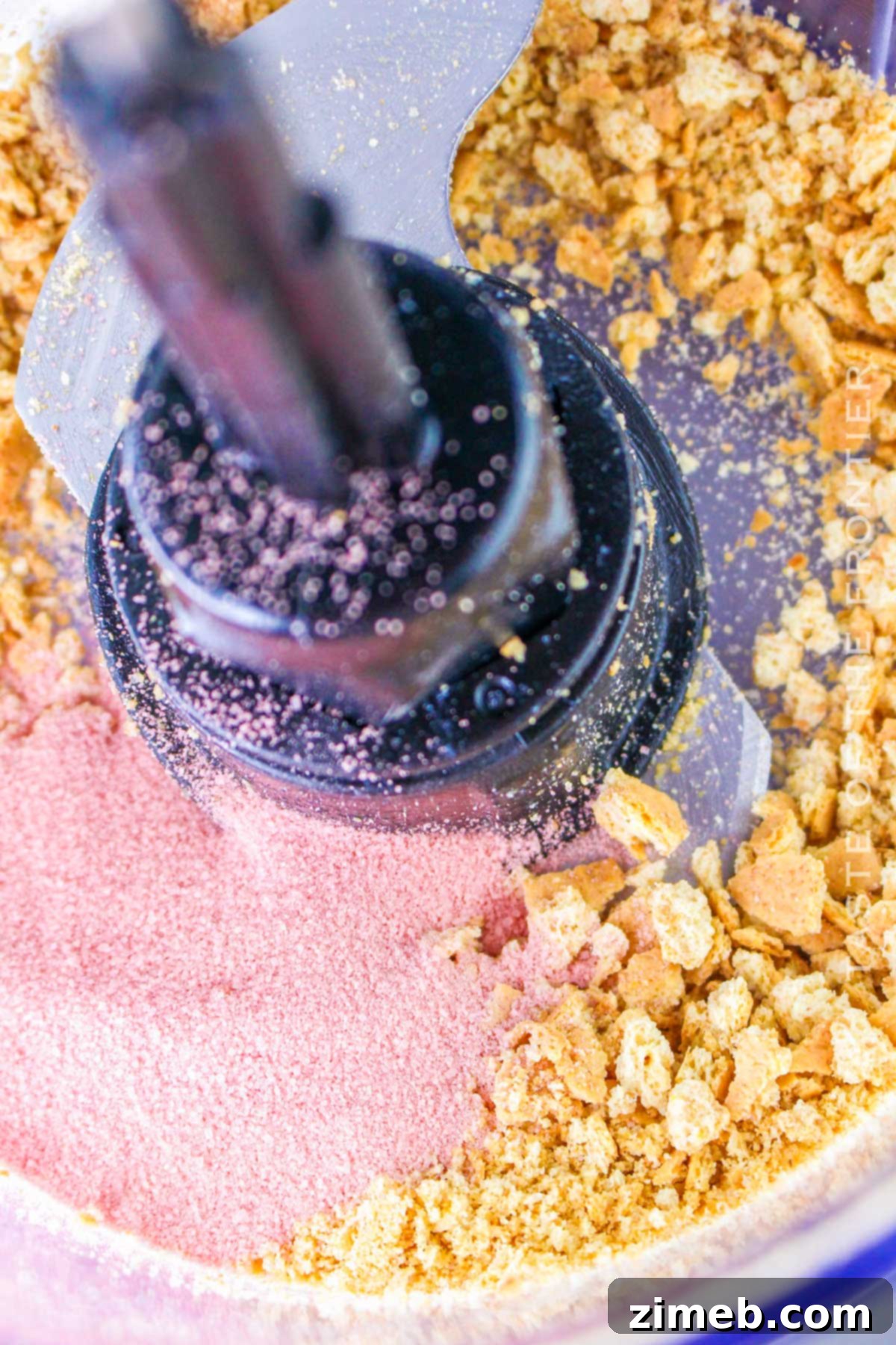 Crimson Indulgence 5 Hands pressing graham cracker crust into a baking dish, a key step in making No-Bake Strawberry Delight.
