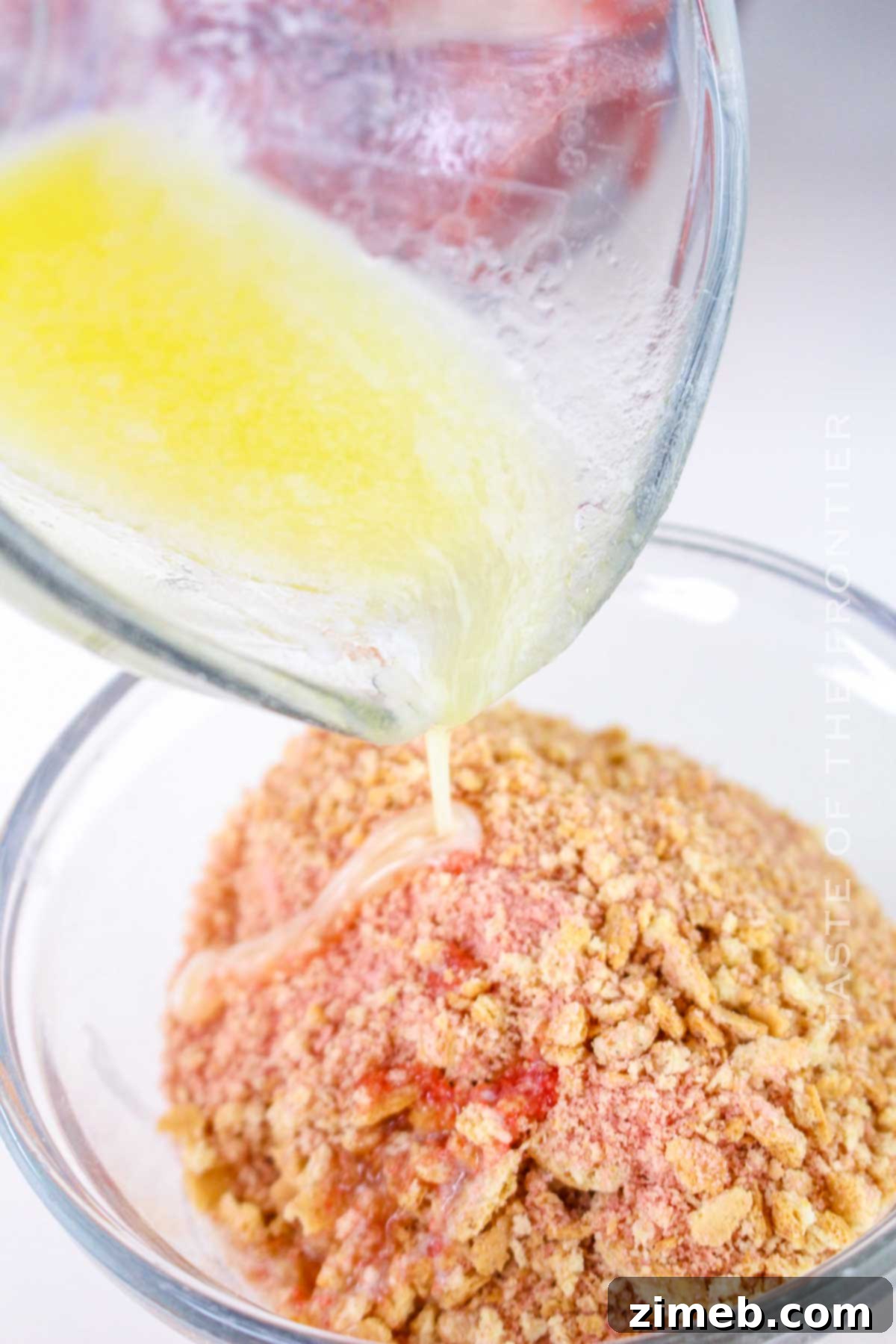 Crimson Indulgence 6 Close-up of melted butter, essential for binding the graham cracker crust and topping in Strawberry Delight.