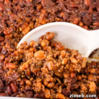 Delicious Baked Beans with Ground Beef in a serving dish.