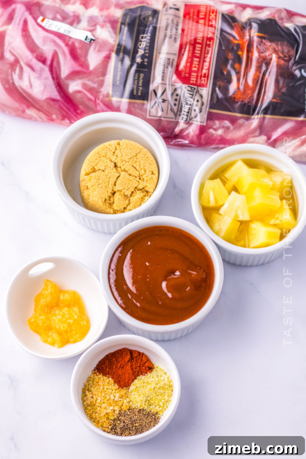 Effortless Island Ribs 4 Ingredients laid out for Slow Cooker Hawaiian Ribs recipe.