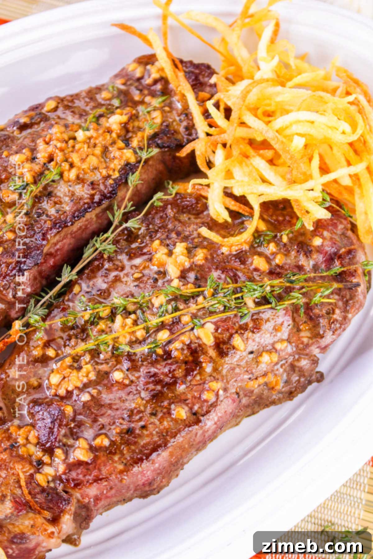 Steak Frites recipe showcasing juicy New York strip steak and crispy golden fries
