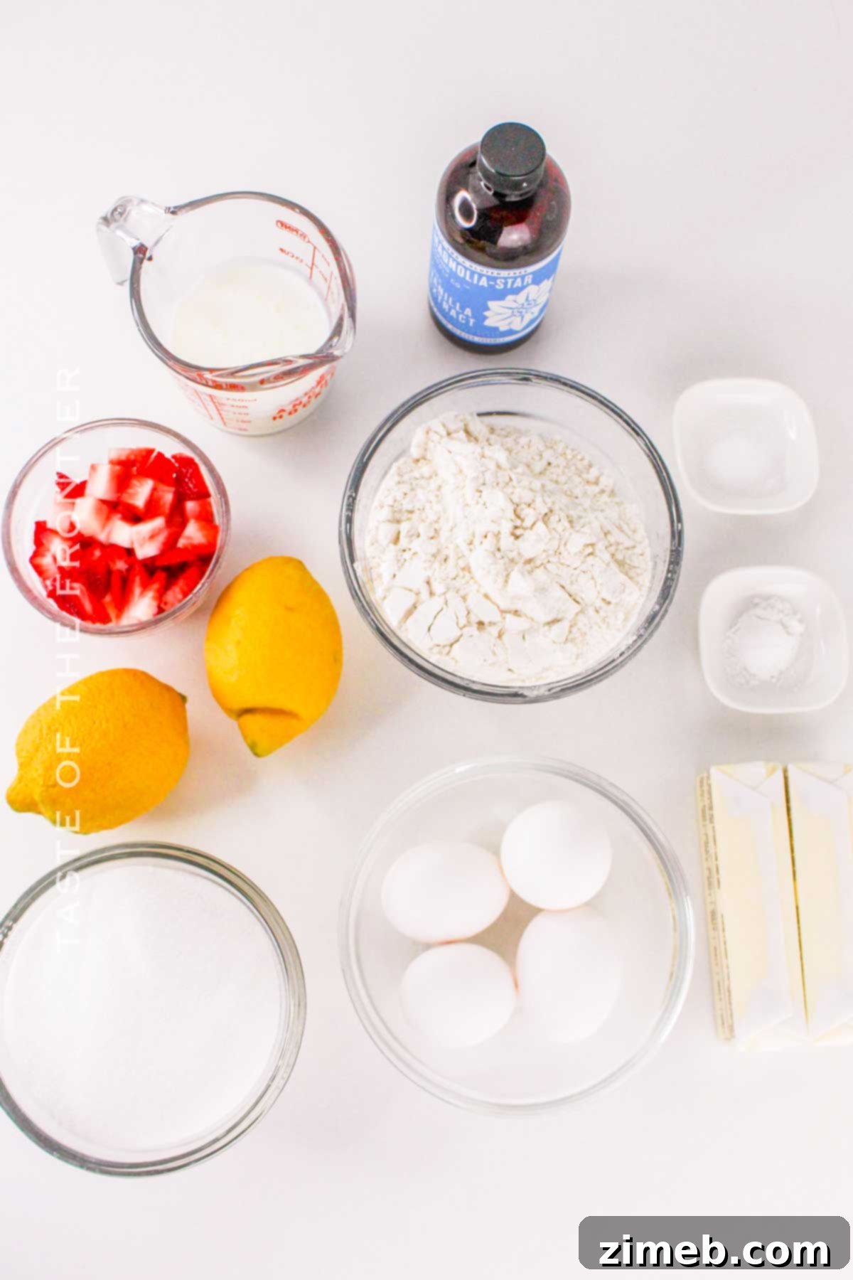 Ingredients for Strawberry Lemonade Pound Cake laid out