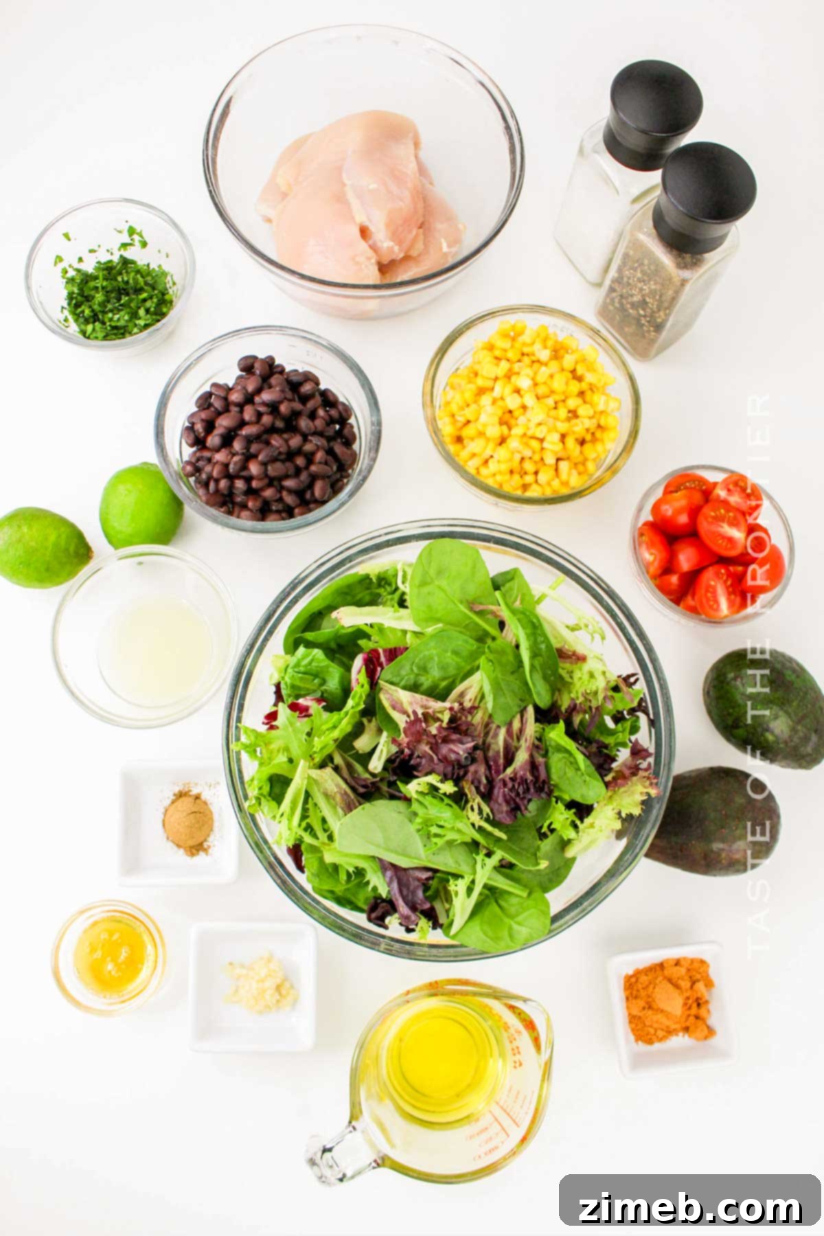 Bowl with all the fresh ingredients for Southwest Chicken Salad