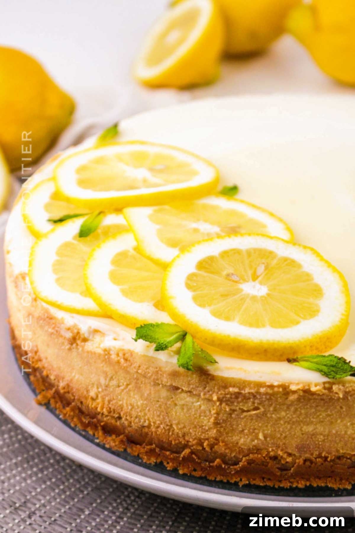 Homemade Lemon Cheesecake, showcasing its smooth texture and vibrant lemon zest.