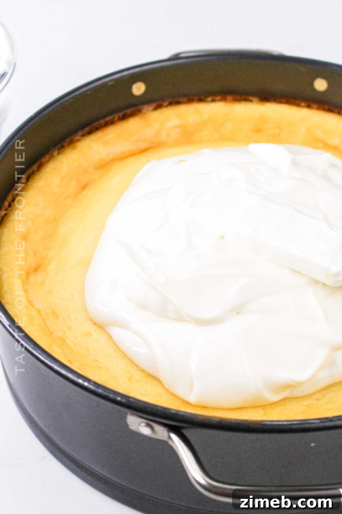Baked Lemon Cheesecake, golden brown and ready for its tangy topping.