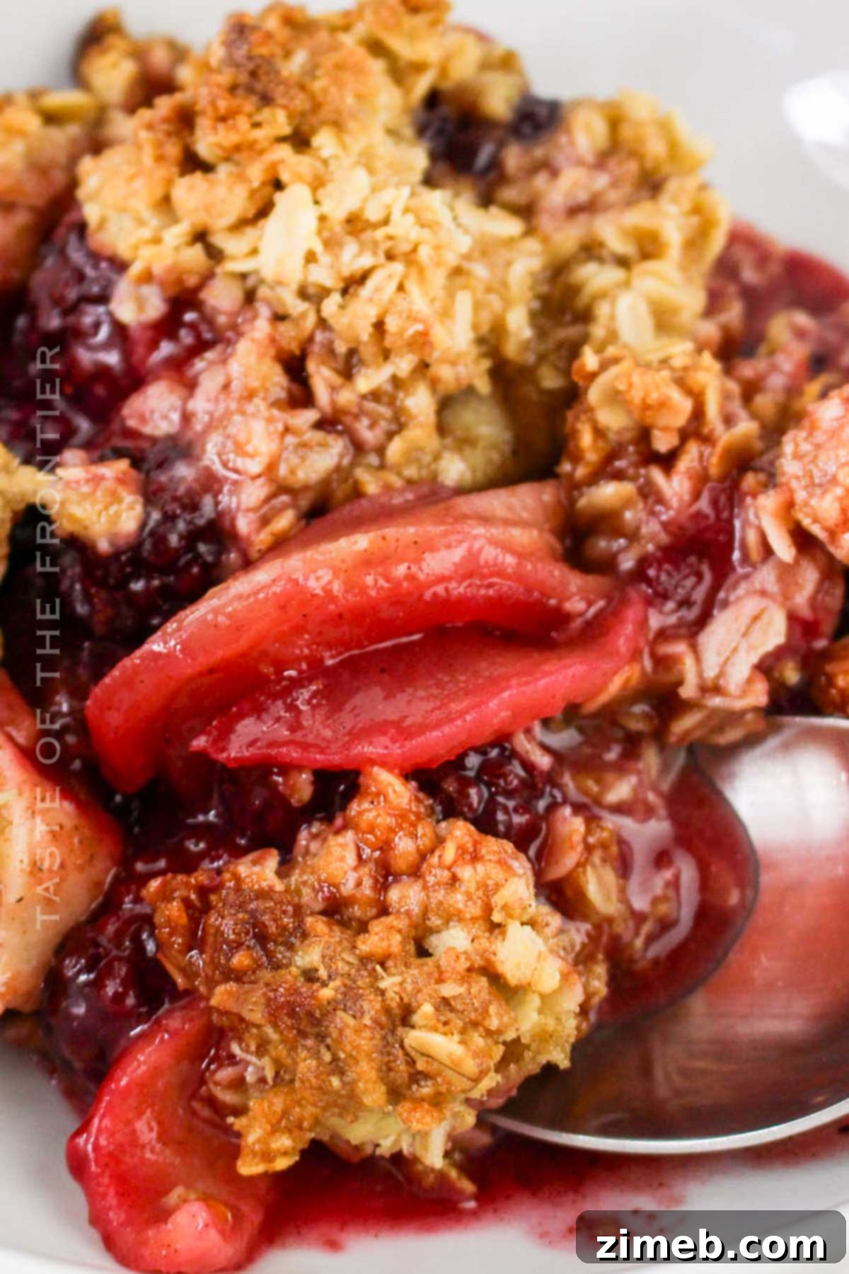 Classic Apple Blackberry Crumble 15 A slice of Apple Blackberry Crumble on a plate with ice cream
