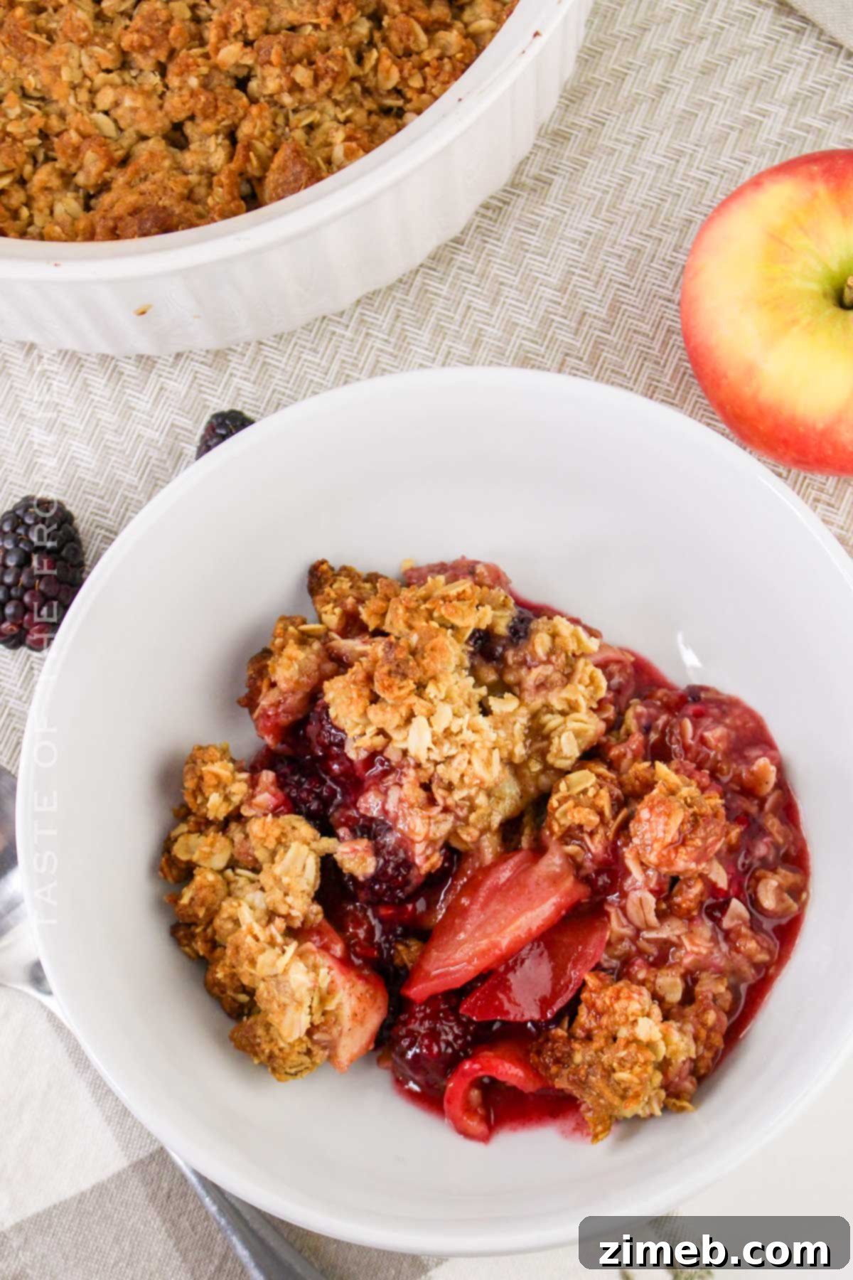 Classic Apple Blackberry Crumble 3 Close-up of a bubbling fall dessert, Apple Blackberry Crumble