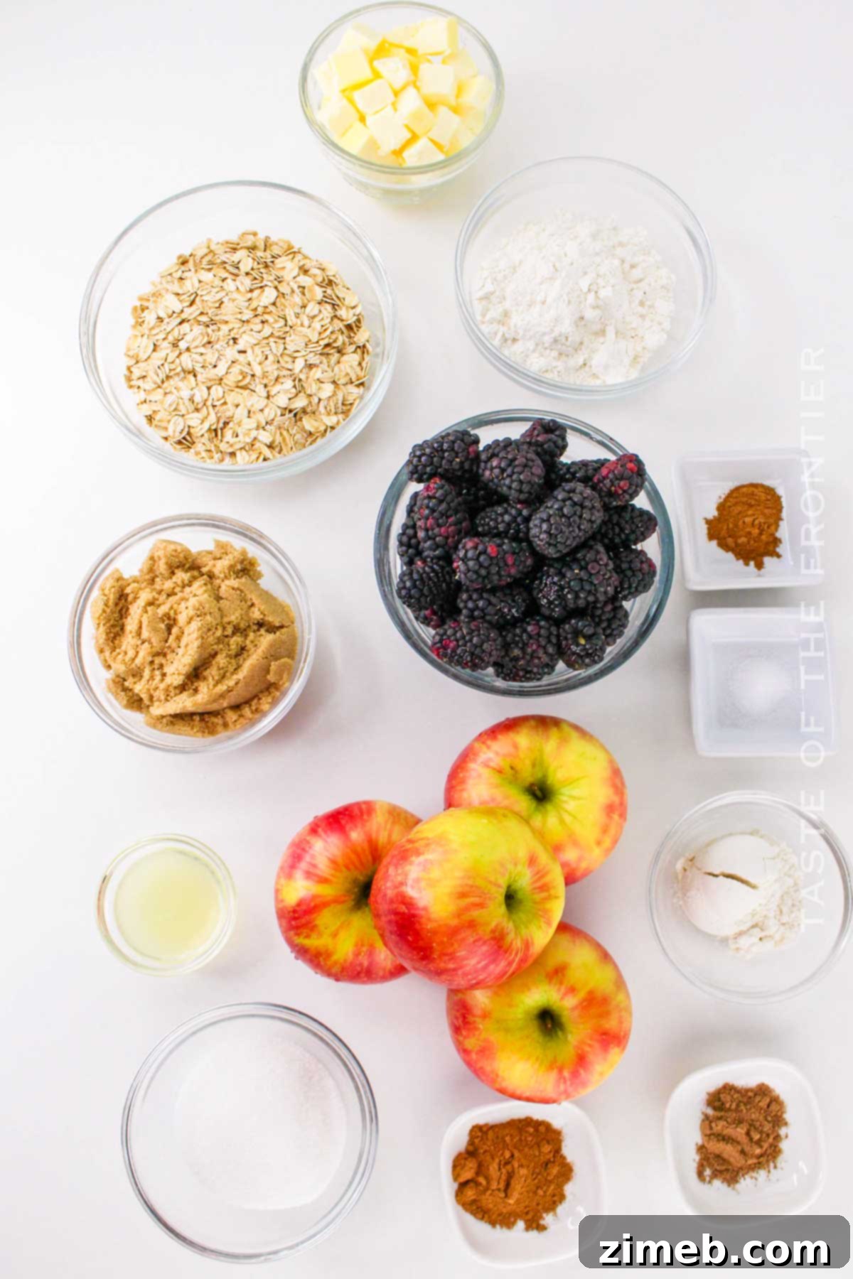 Classic Apple Blackberry Crumble 4 Ingredients for Apple Blackberry Crumble laid out