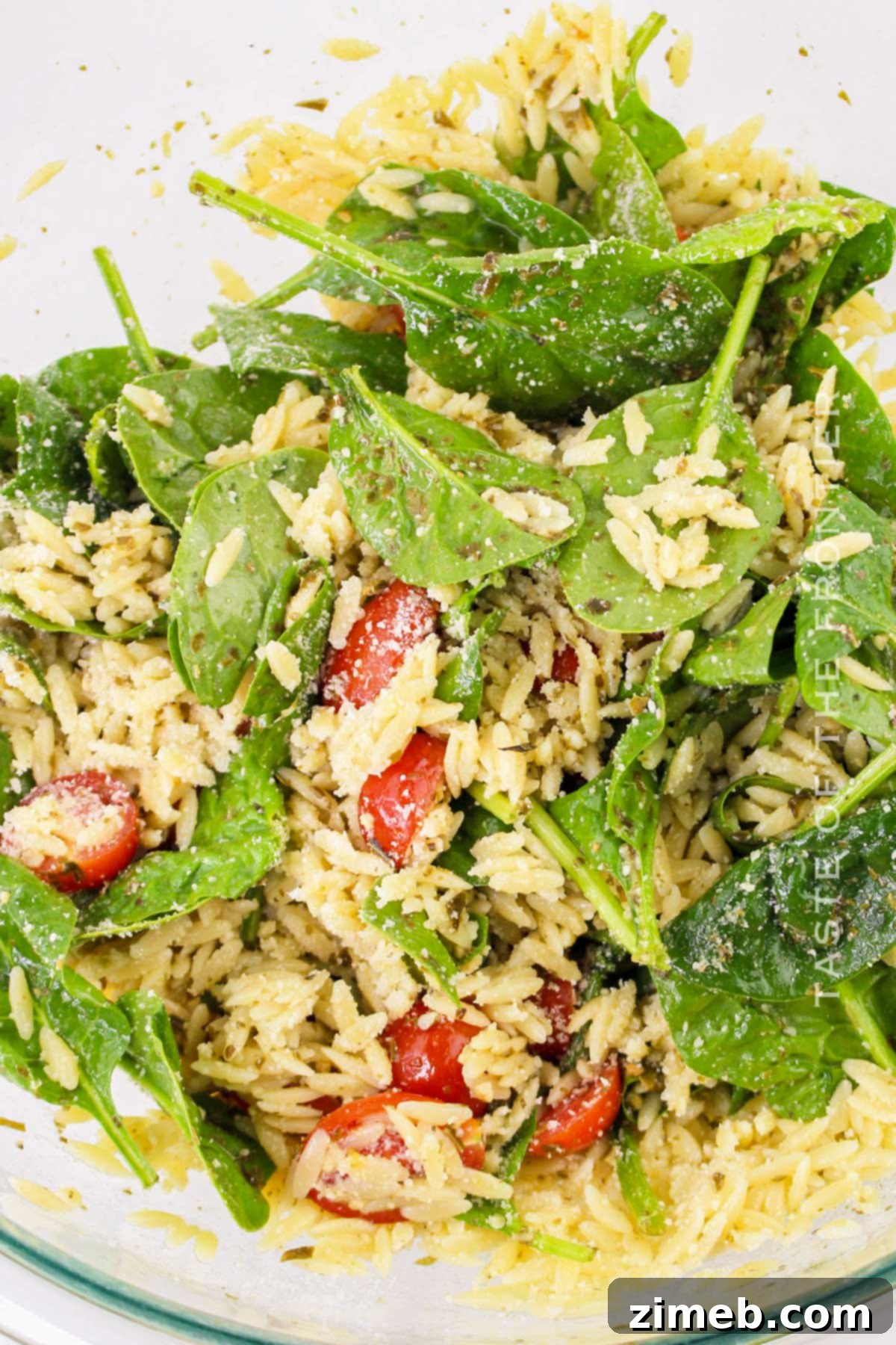 Vibrant Pesto Orzo Medley 8 Tossed Pesto Orzo Salad with fresh ingredients