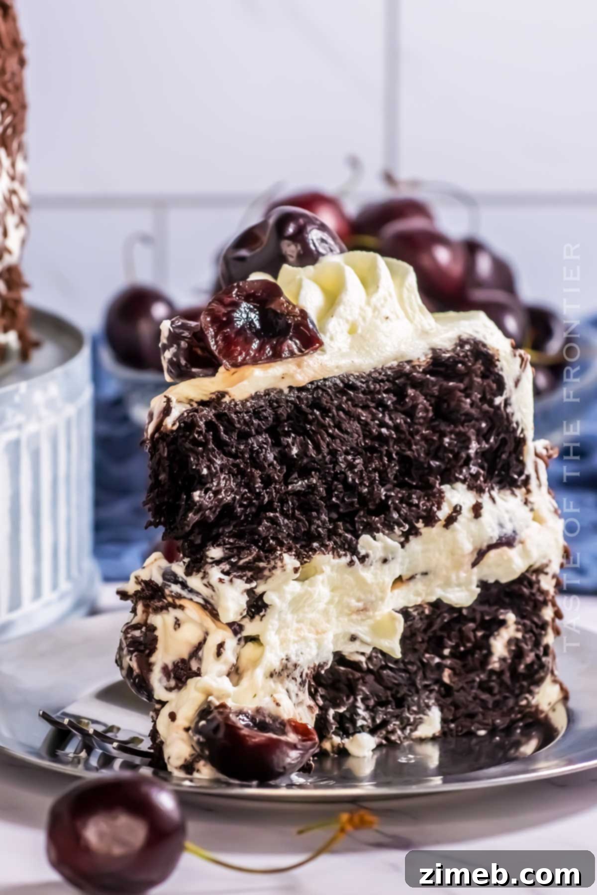Black Forest Gateau 3 Close-up of a slice of homemade Black Forest Cake, showcasing layers